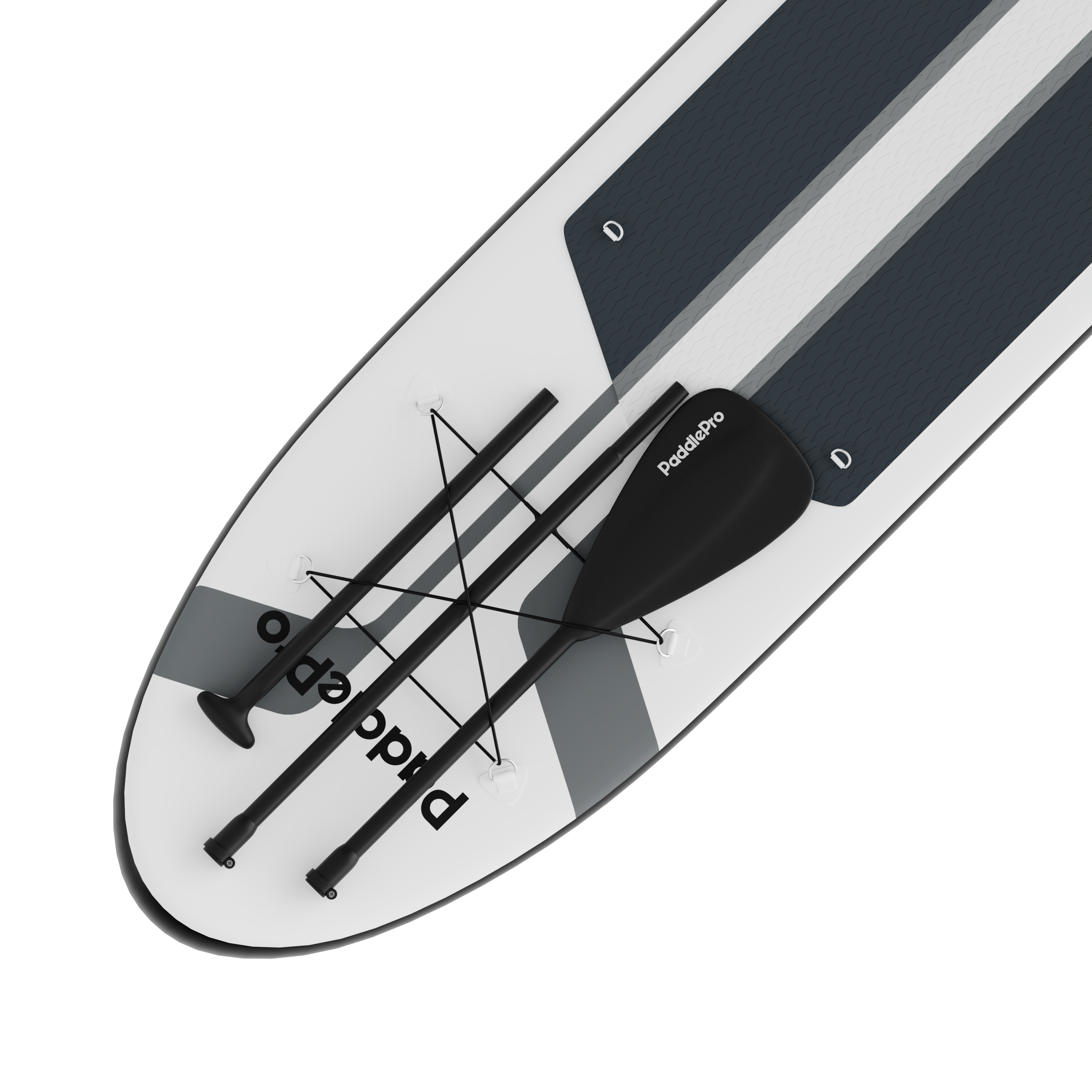 Weiße Stand-Up-Paddle-Board mit schwarzen Paddeln und Schnüren.