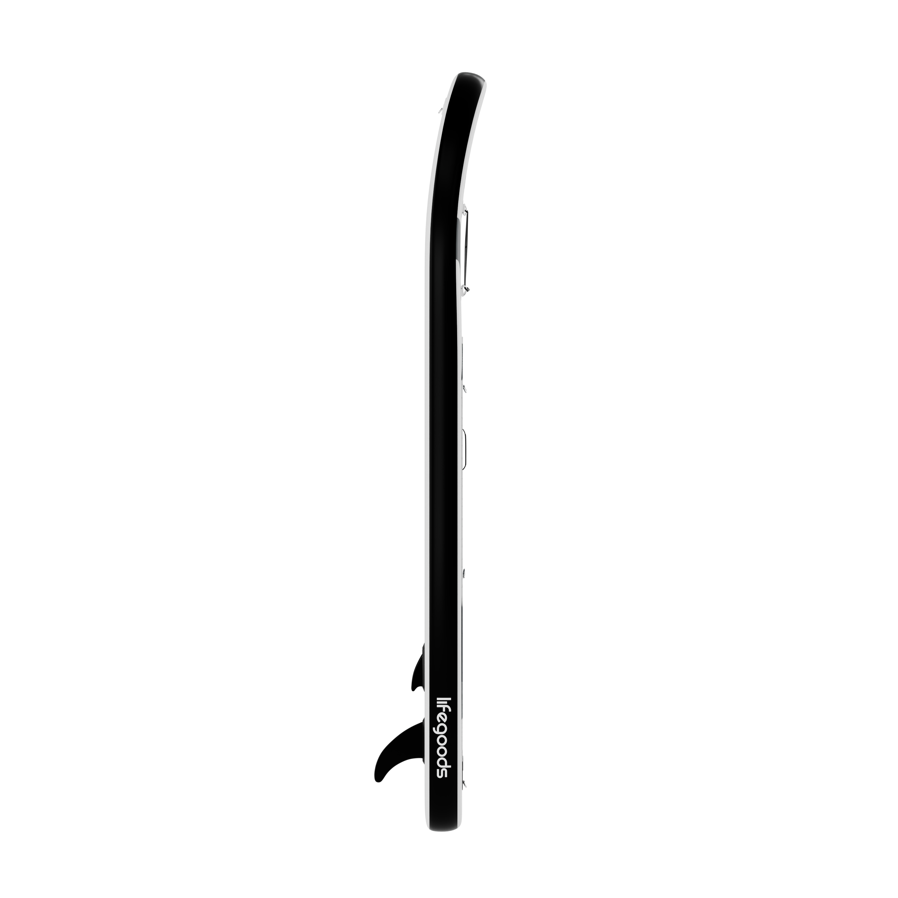 Ein schwarzes Stand-Up-Paddleboard mit weißer Kante und Logo.