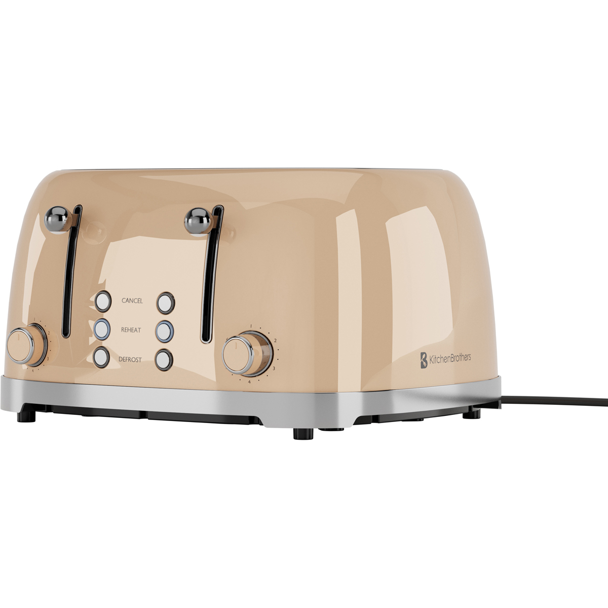 Un grille-pain beige KitchenBrothers avec leviers chromés et boutons sur fond blanc.