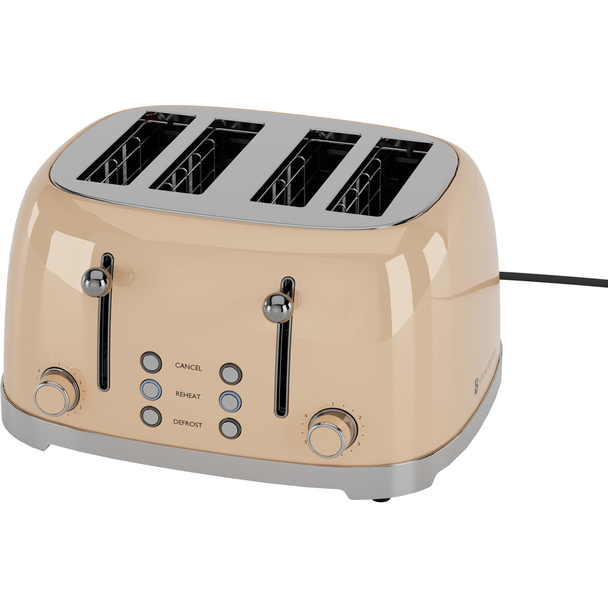 Grille-pain beige à quatre fentes avec accents argentés et boutons.