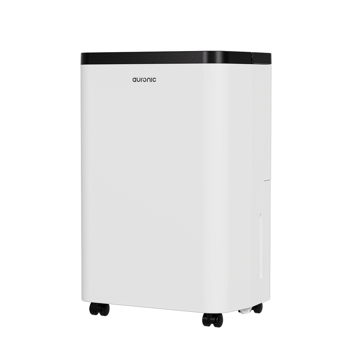 Een witte Auronic luchtontvochtiger met zwarte bovenkant en wielen staat op een witte ondergrond.