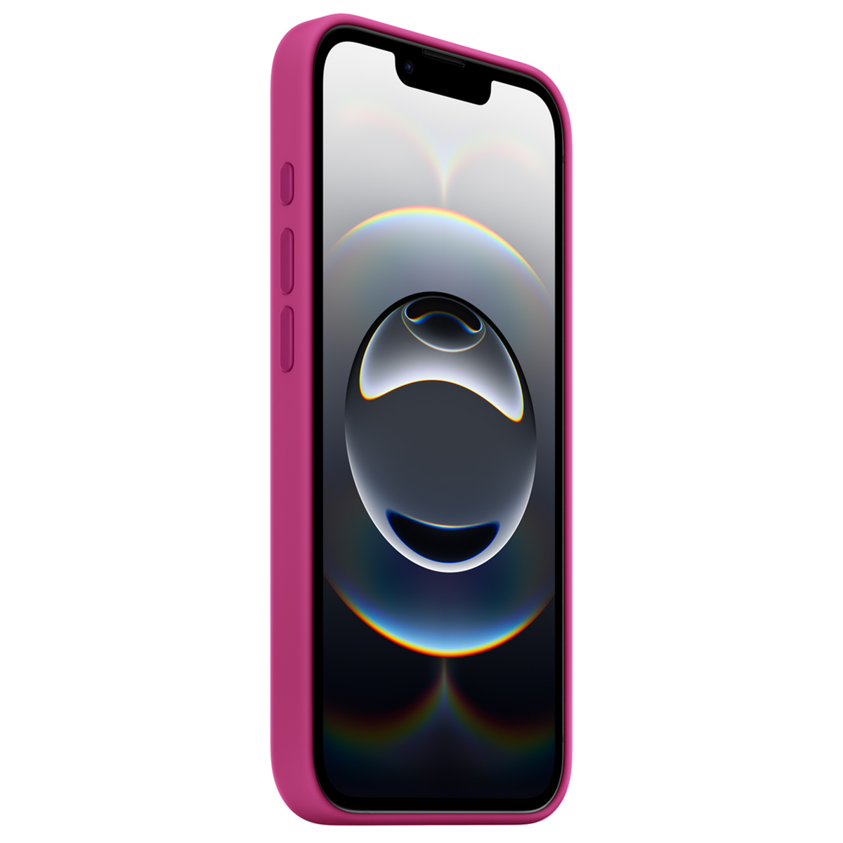 Un iPhone rose avec un fond d'écran sombre et des reflets lumineux.