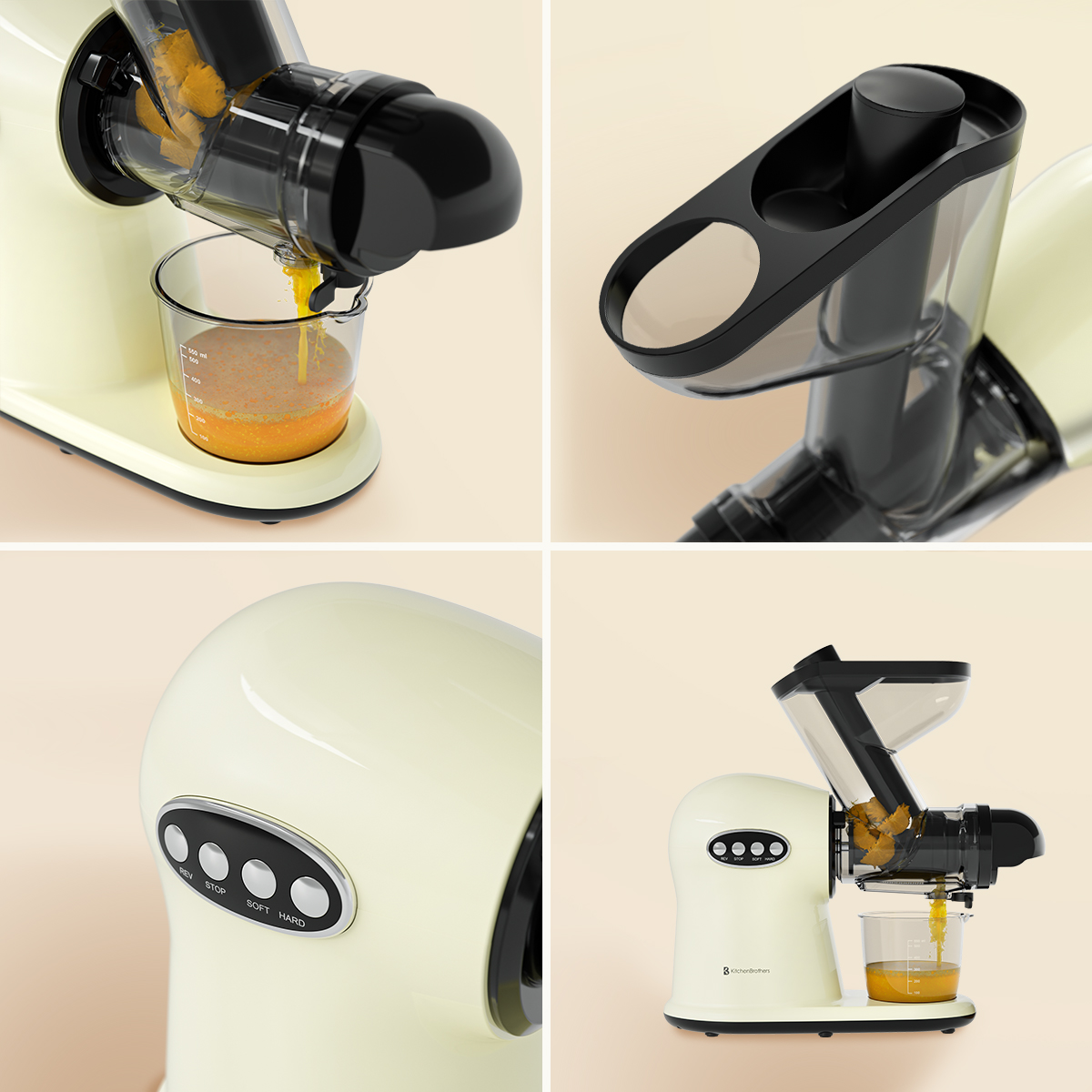 Een crèmekleurige juicer perst sinaasappelschijfjes, sap wordt opgevangen in een maatbeker.