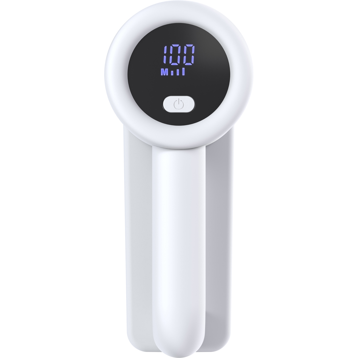 Un appareil blanc portable avec un écran numérique affichant 100.