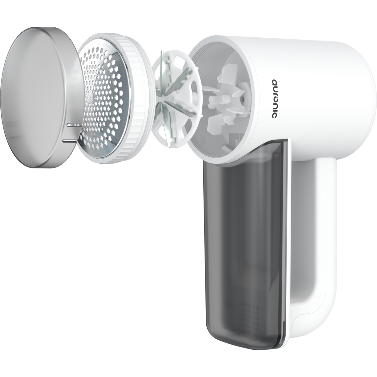 Un rasoir à tissu blanc avec pièces exposées : grille de protection, lames et bac.