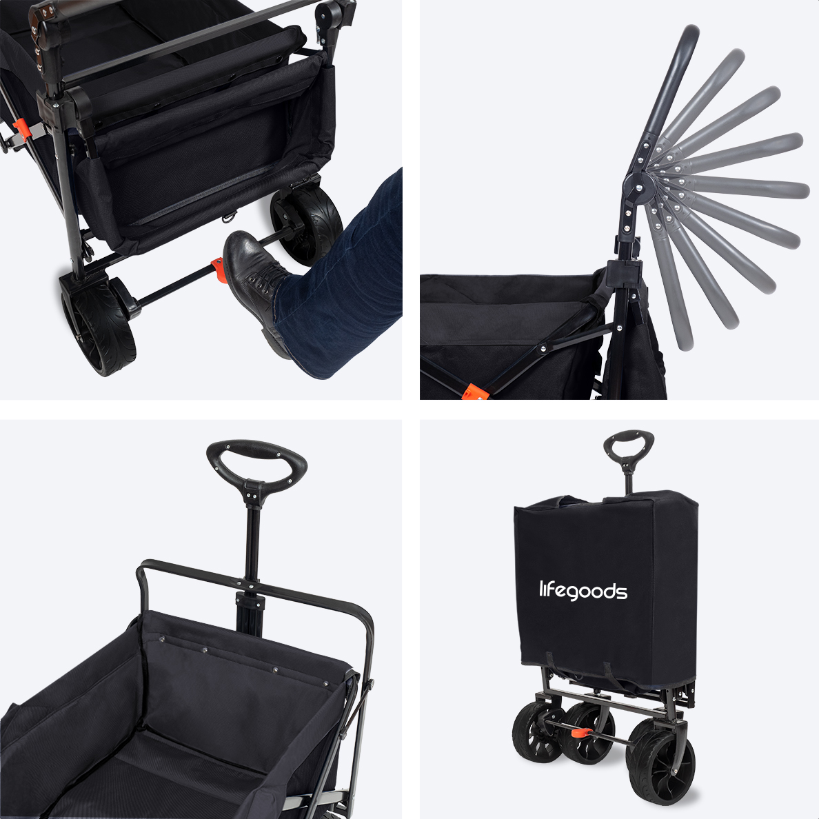 A black folding wagon with wheels and handle is shown from various angles.