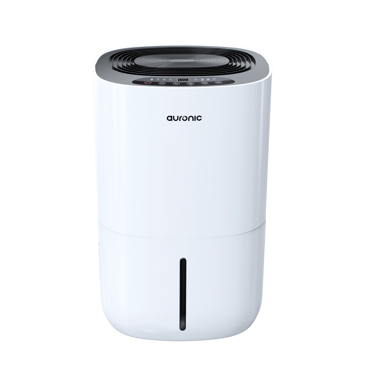 Een witte luchtontvochtiger met zwart ventilatierooster en bedieningspaneel.