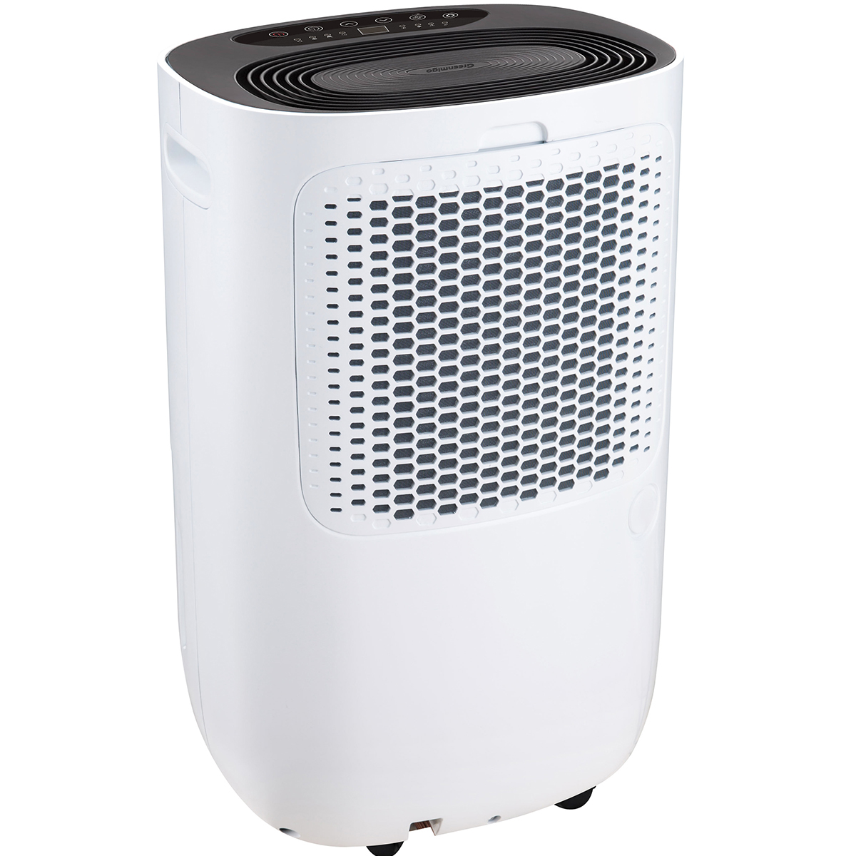 Een witte luchtreiniger met een zwarte bovenkant en honingraatventilatie aan de voorkant.