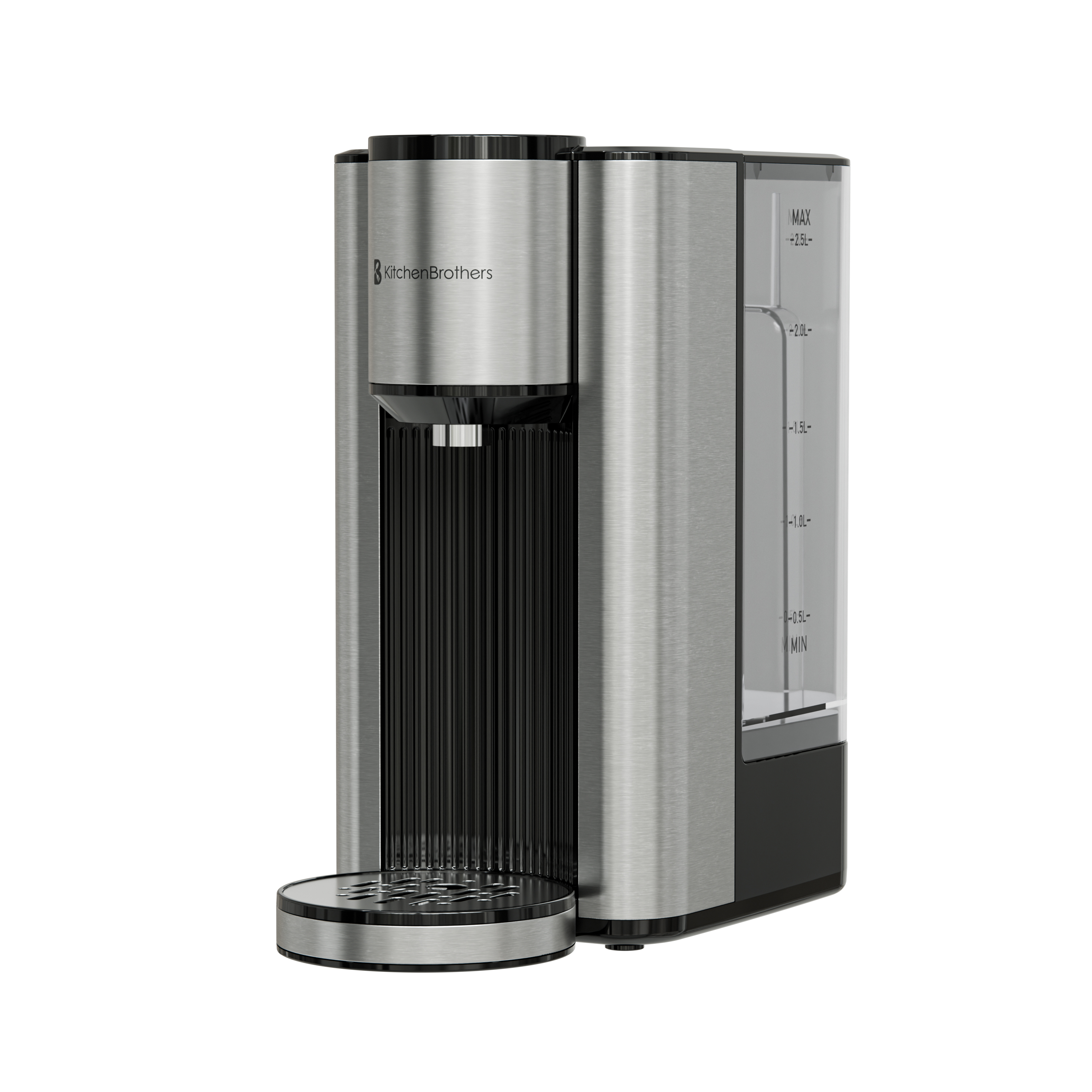 Een geborstelde metalen KitchenBrothers waterdispenser met een doorzichtig reservoir en zwarte voet.