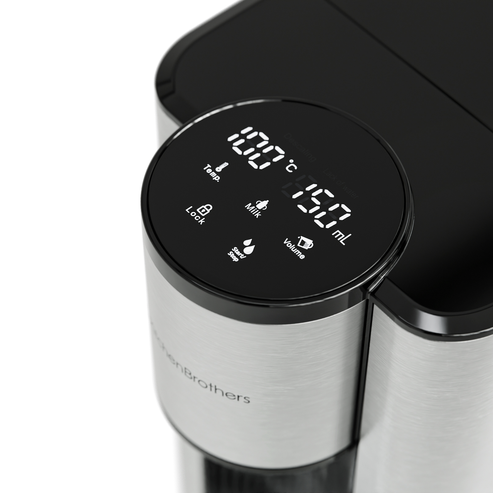 Een zilveren waterdispenser met zwart touchscreen display toont 100°C en 150ml.