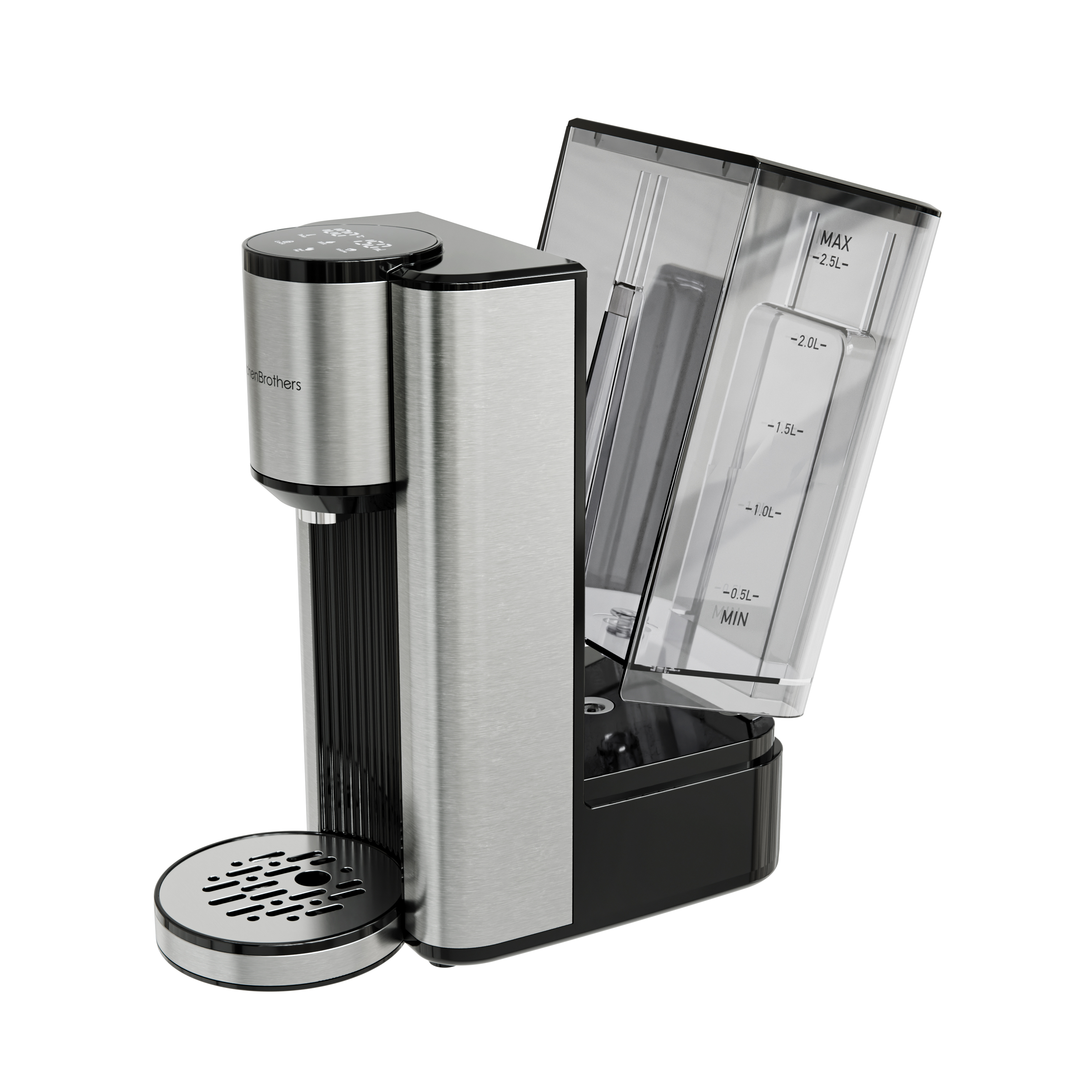 Een zilverkleurige en zwarte waterdispenser met een afneembaar, doorzichtig waterreservoir met vulstrepen.