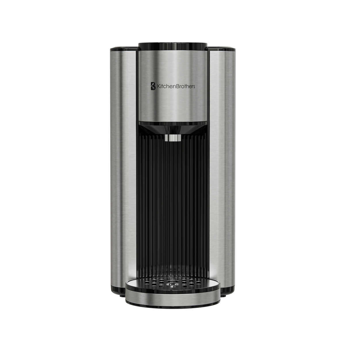 Een zilverkleurige koffiemachine met zwarte voorkant en lekbakje.