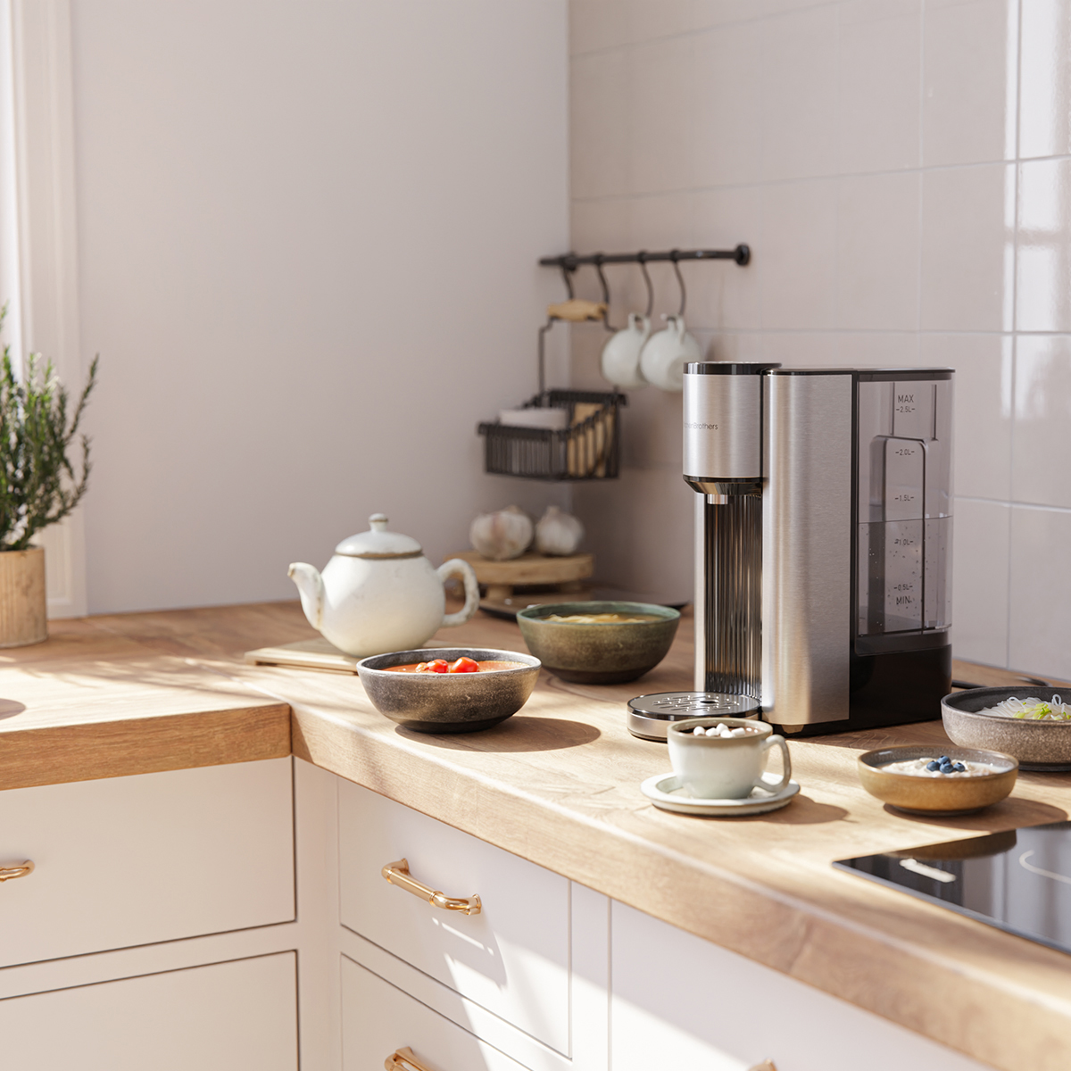 Een modern keukenblad met een koffiezetapparaat, theepot, kommen met eten en een kop koffie.