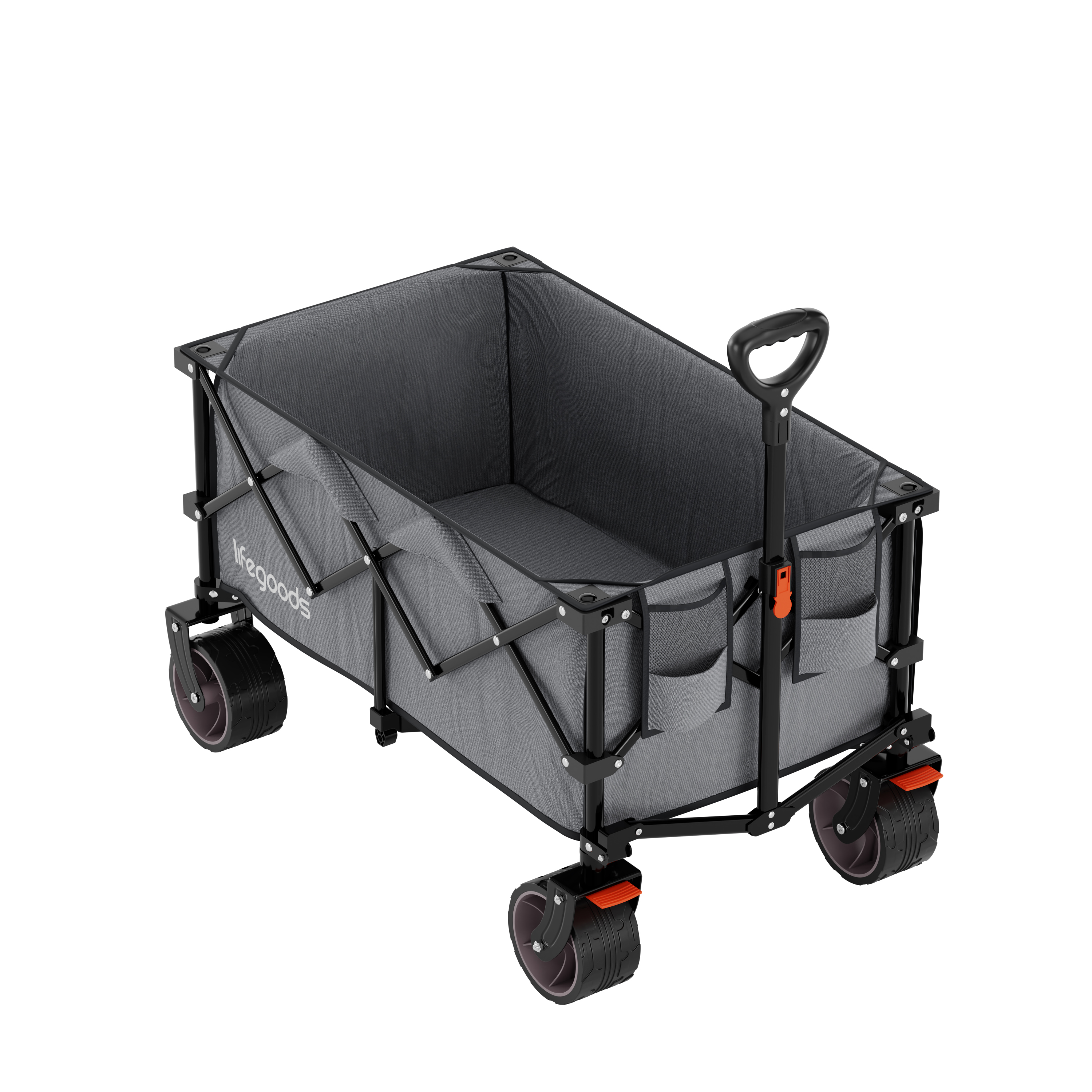 A gray foldable wagon with a black handle, wheels, and frame.