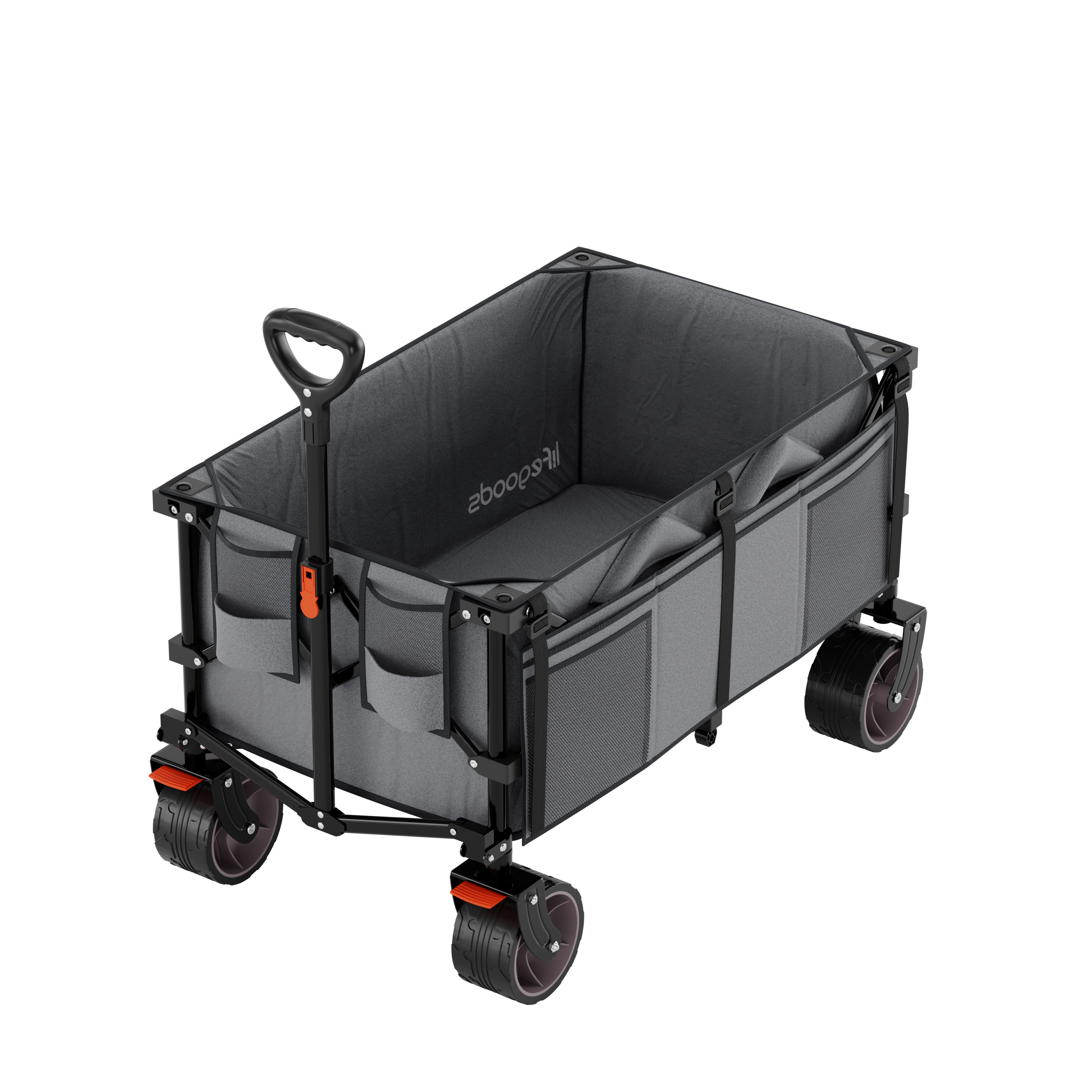 Gray foldable wagon with black handle and wheels.