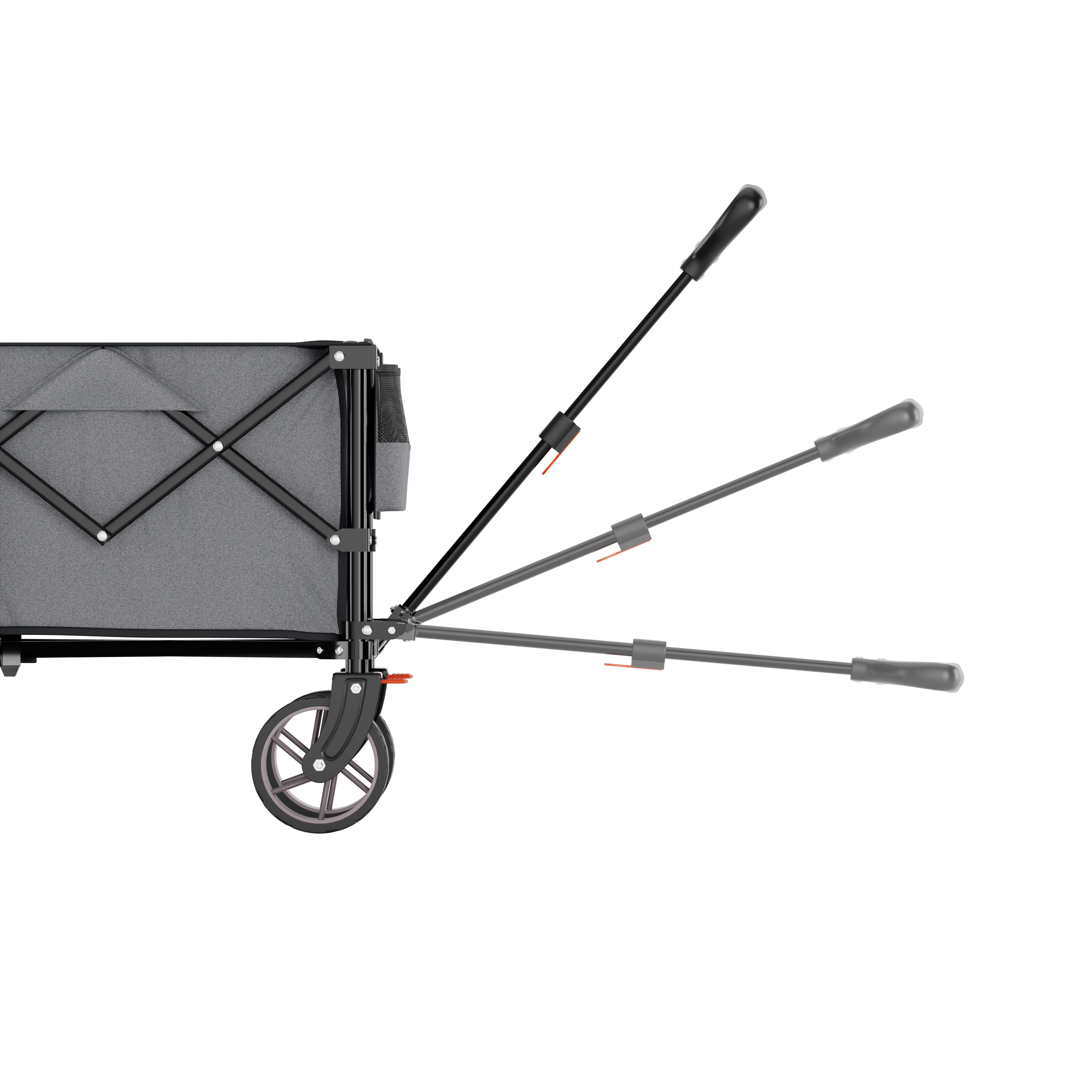 Gray folding wagon with an extendable handle and one wheel.