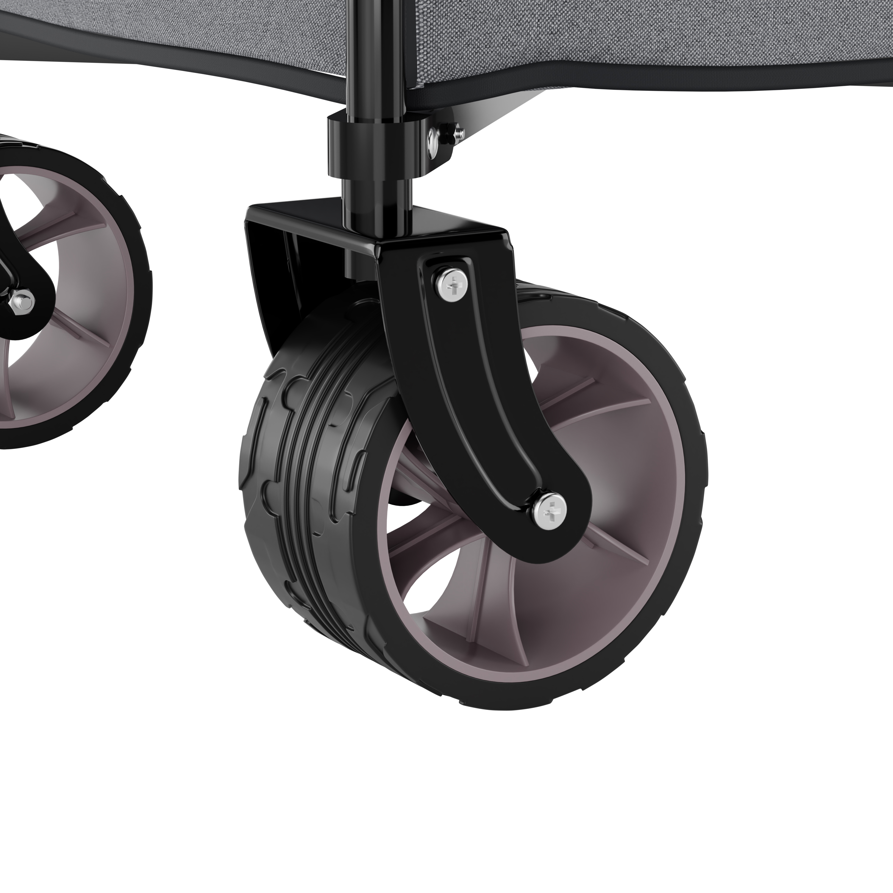 Close-up of a gray fabric wagon with black wheels and rims.