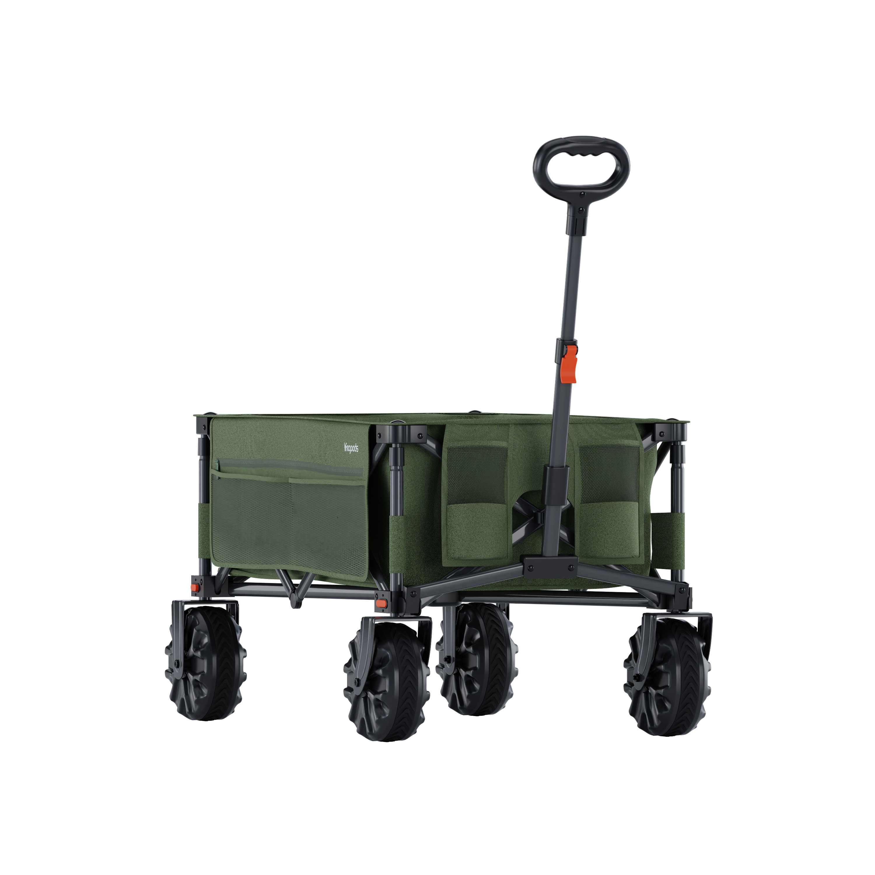 A green collapsible outdoor wagon with a black handle and wheels.