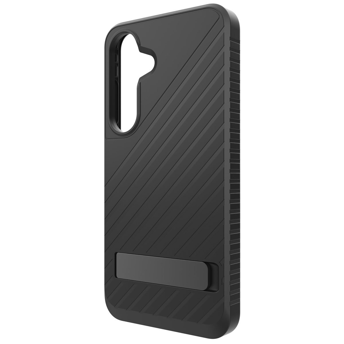Custodia nera per telefono con linee diagonali e cavalletto.