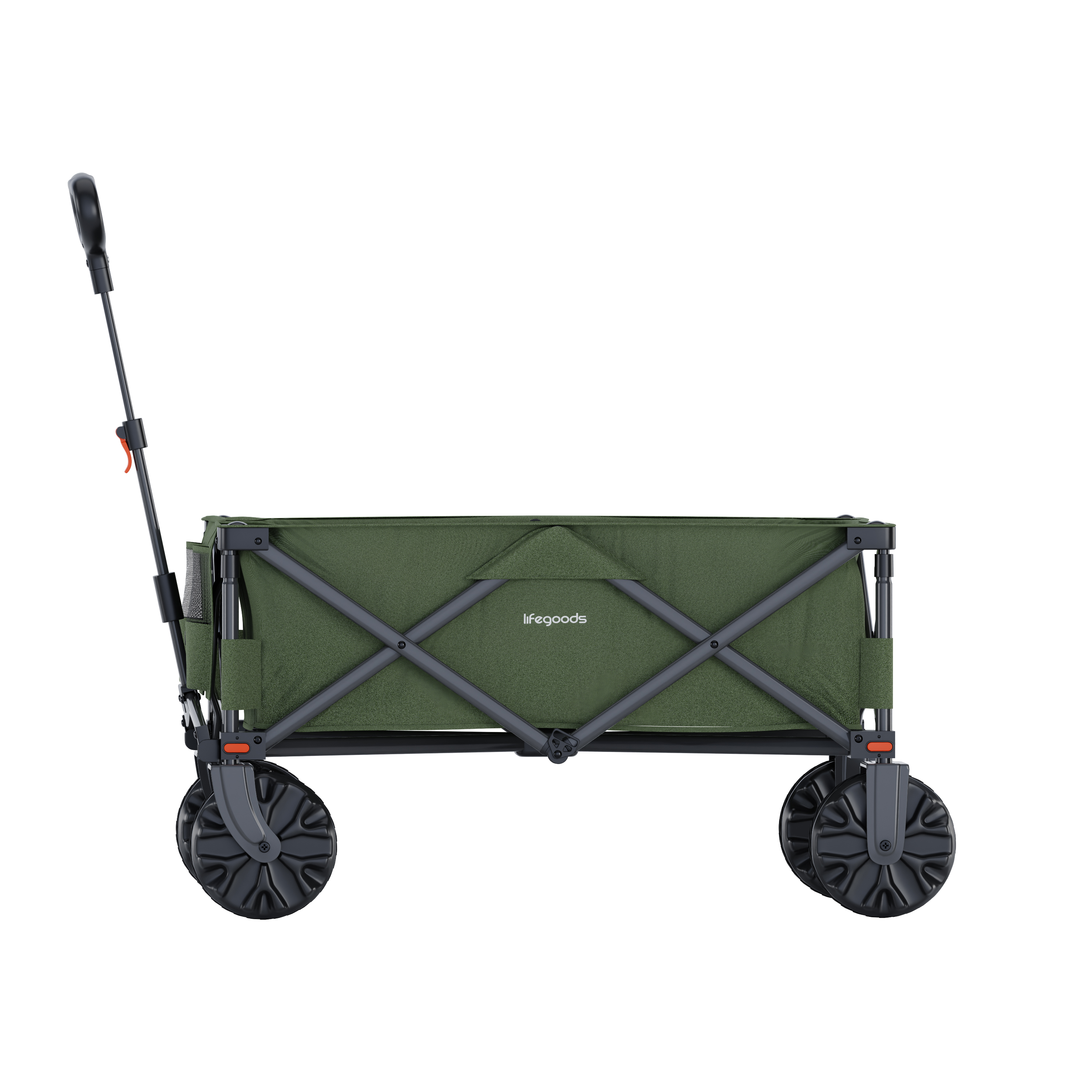 A green outdoor wagon with a retractable handle and large wheels.