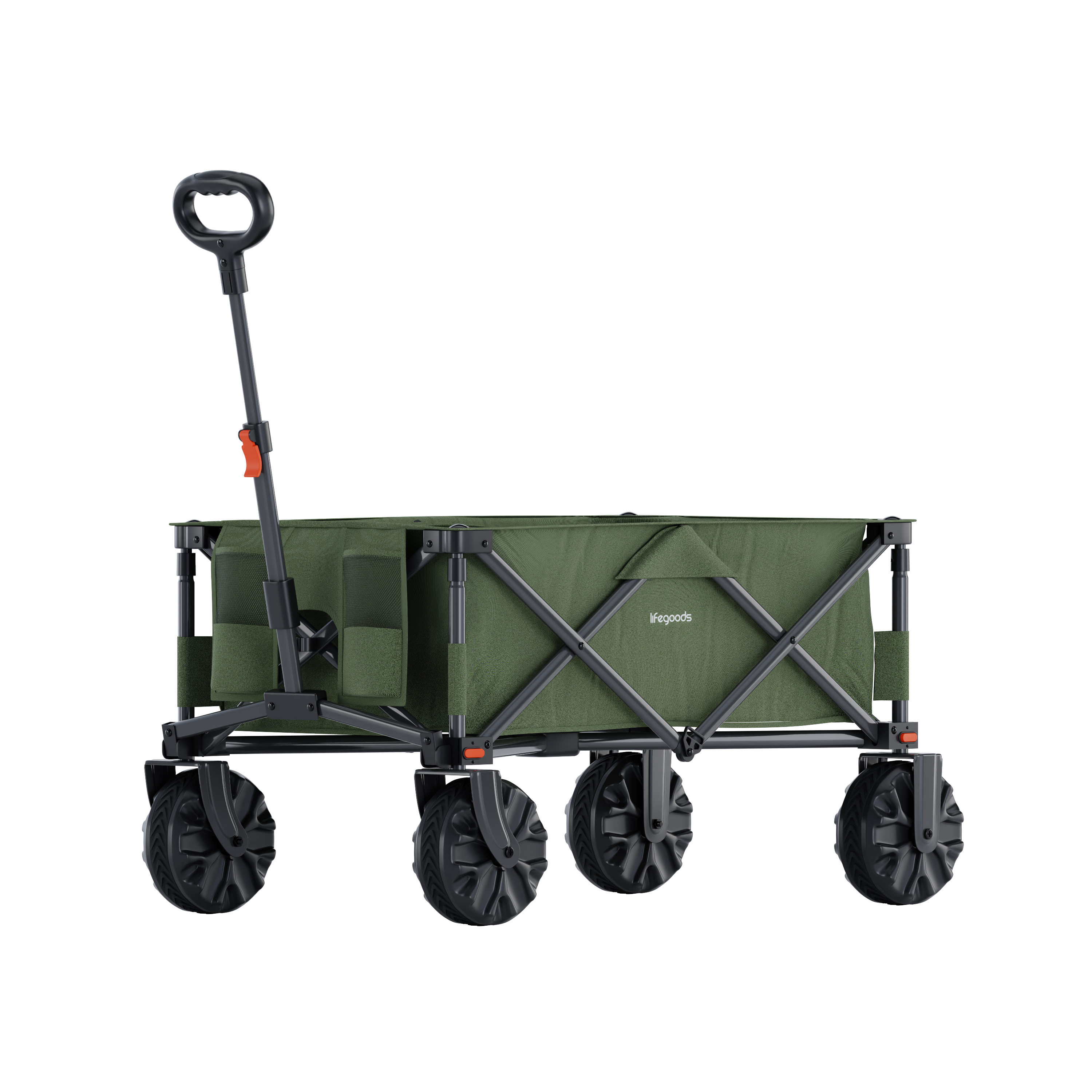 A green foldable outdoor wagon with a black handle and wheels.