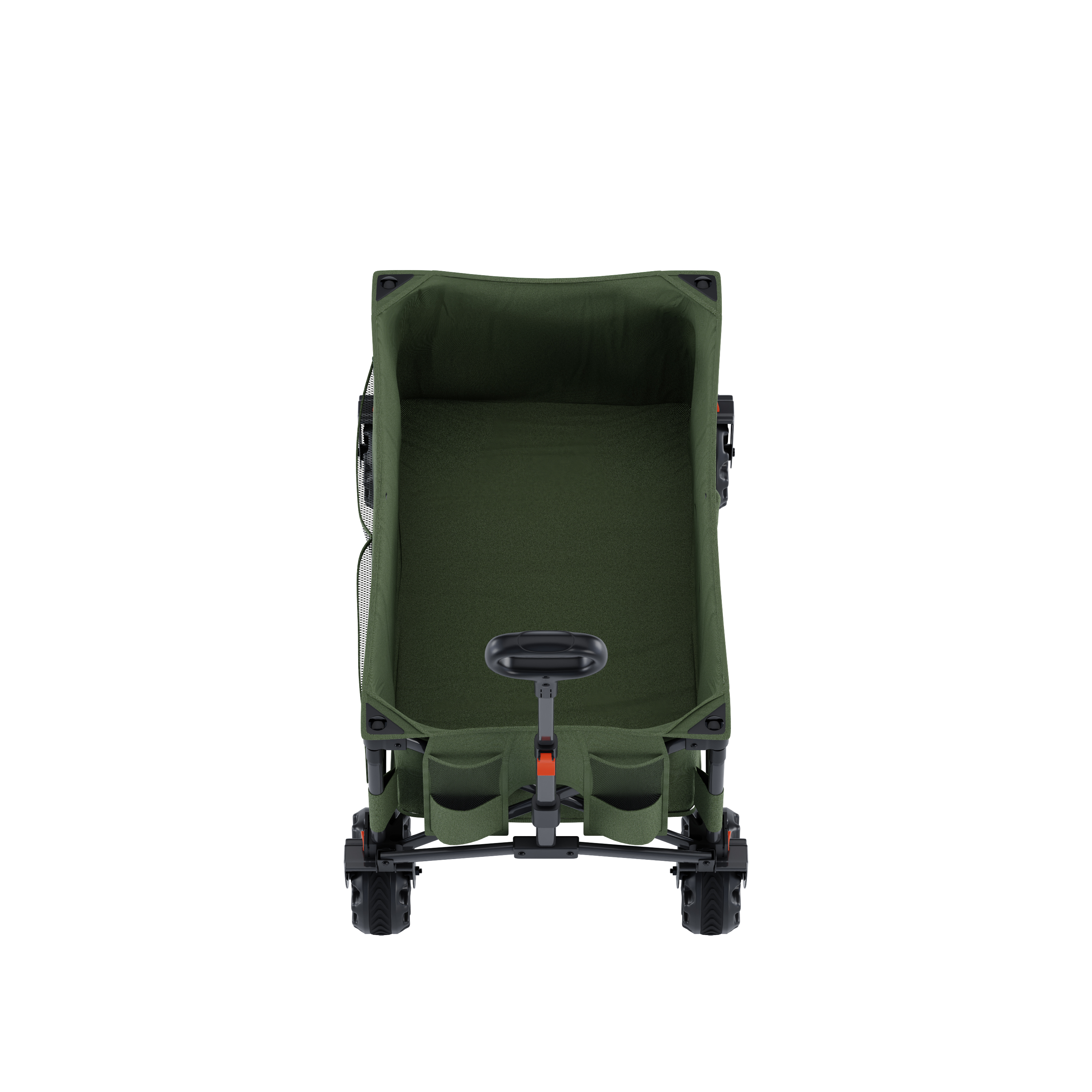 A green wagon with black handle, wheels, and pockets.