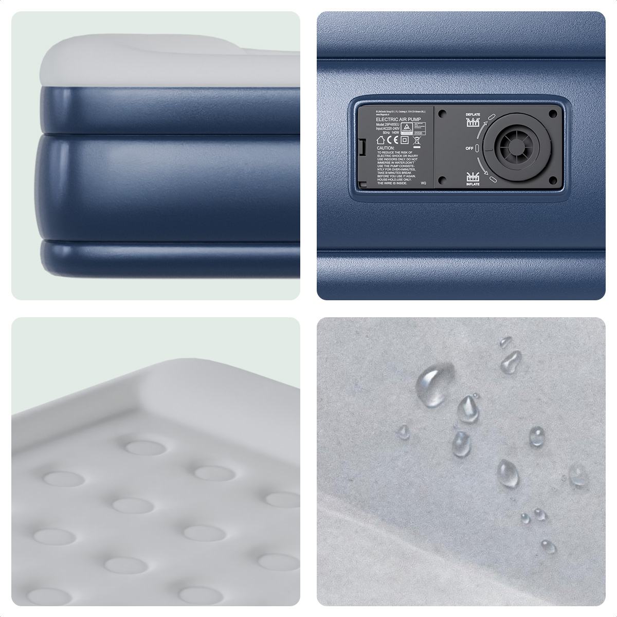Opblaasbare matras met elektrische pomp, ventilatie en waterdruppels.