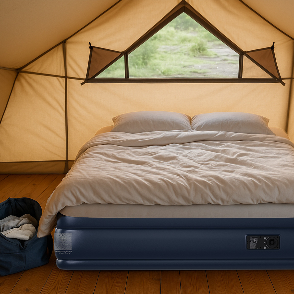 Een bed met wit beddengoed op een luchtbed in een bruine tent.