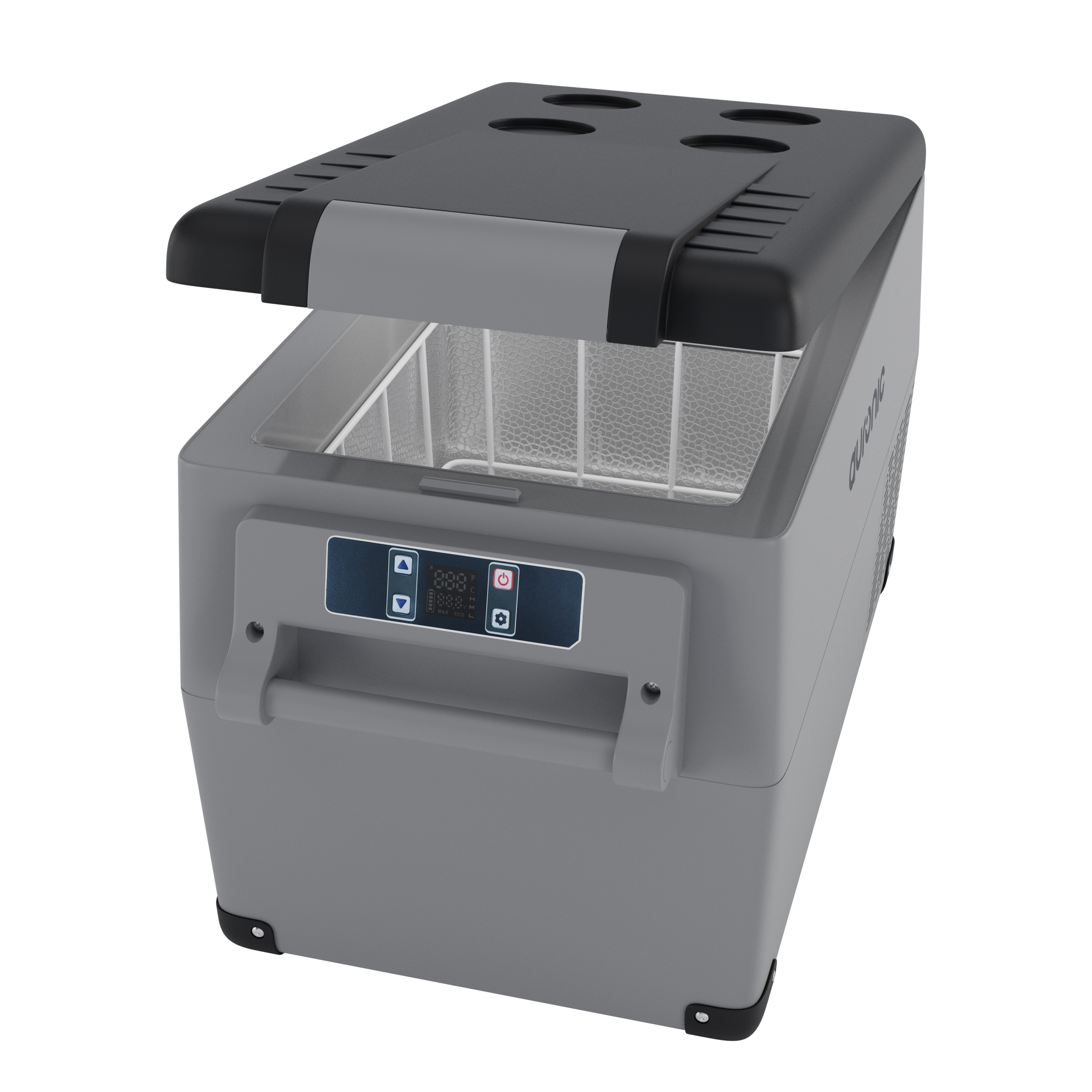 Grijze draagbare koelbox met open deksel, display en handvat.