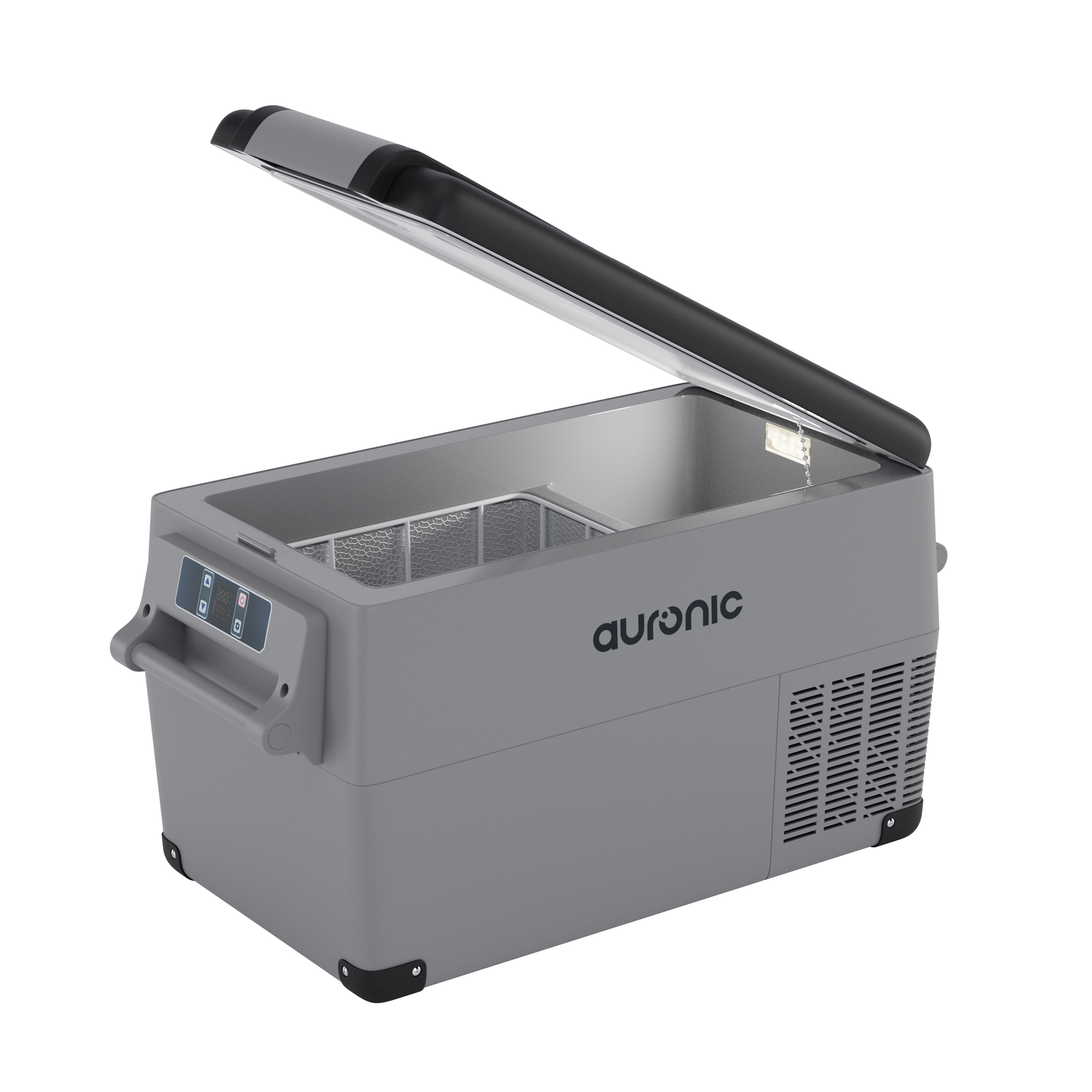Grijze Auronic koelbox met open deksel en digitaal display.