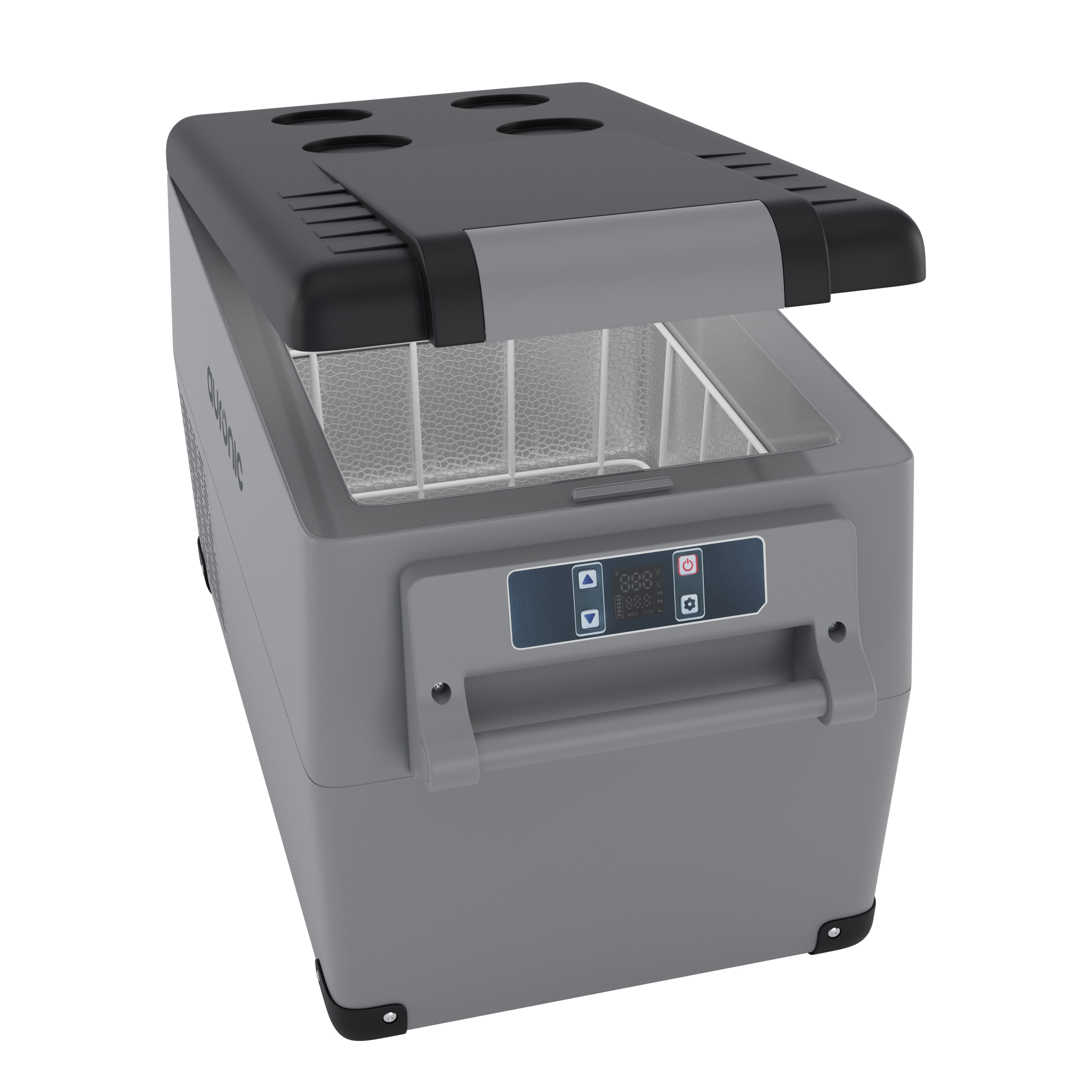Grijze koelbox met open zwart deksel, display en handvat.
