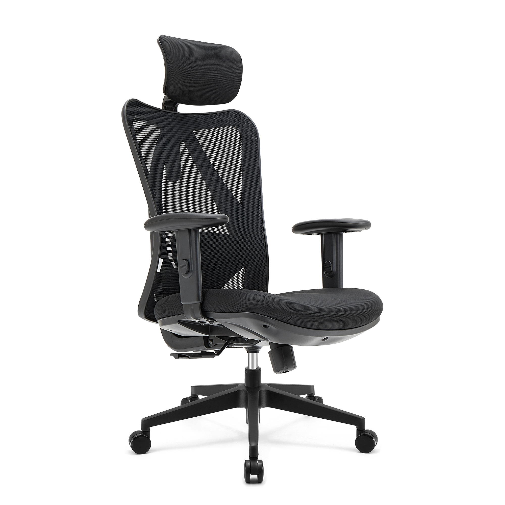 A black office chair with a mesh back, headrest, and wheels on a white background.