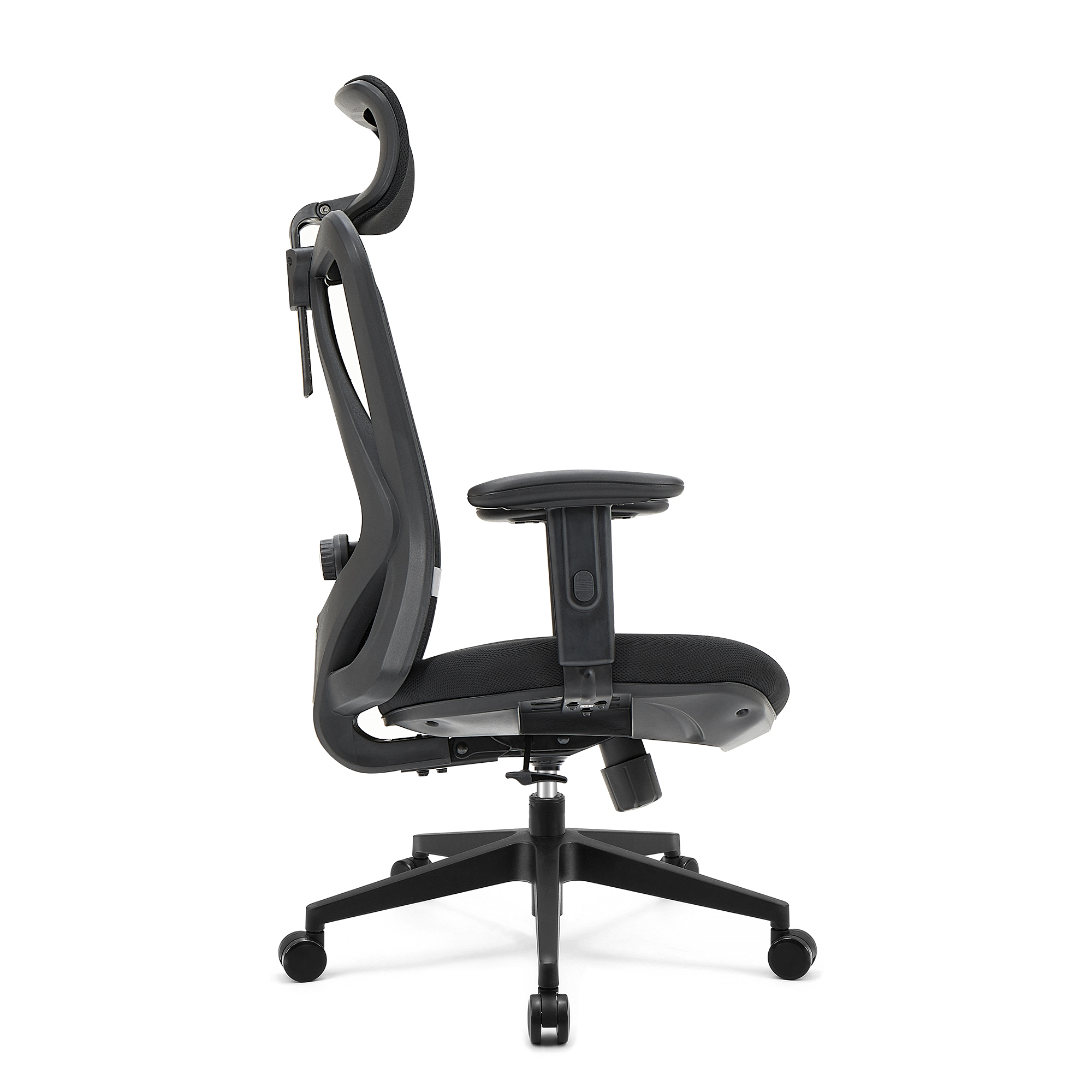 A black office chair with a mesh back and headrest on a wheeled base.