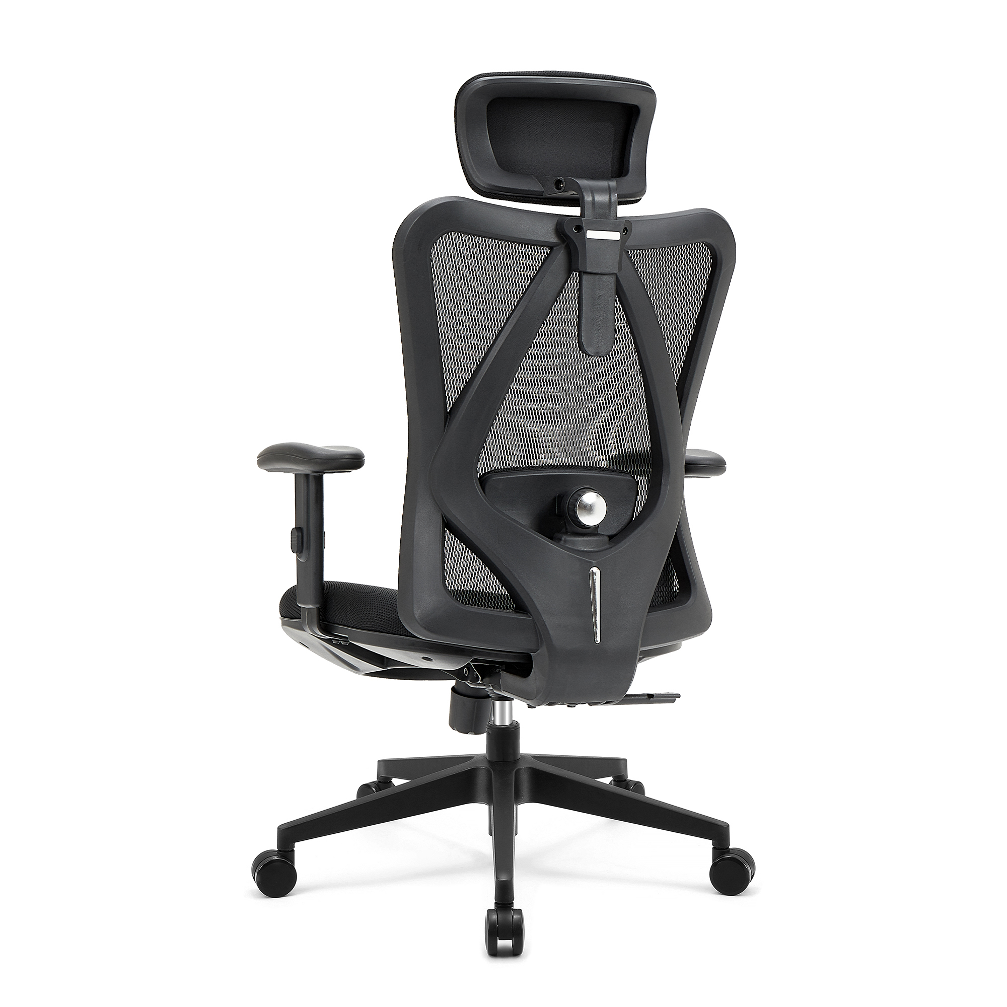Rear view of a black office chair with a mesh back and adjustable headrest.