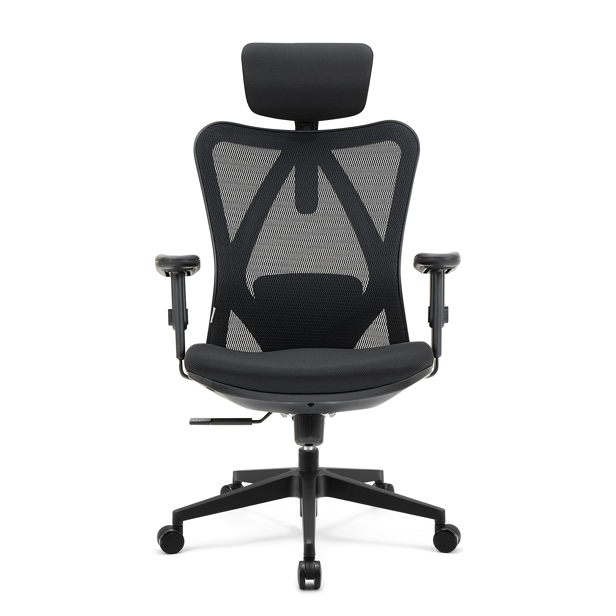 A black office chair with a mesh back and headrest, isolated on a white background.