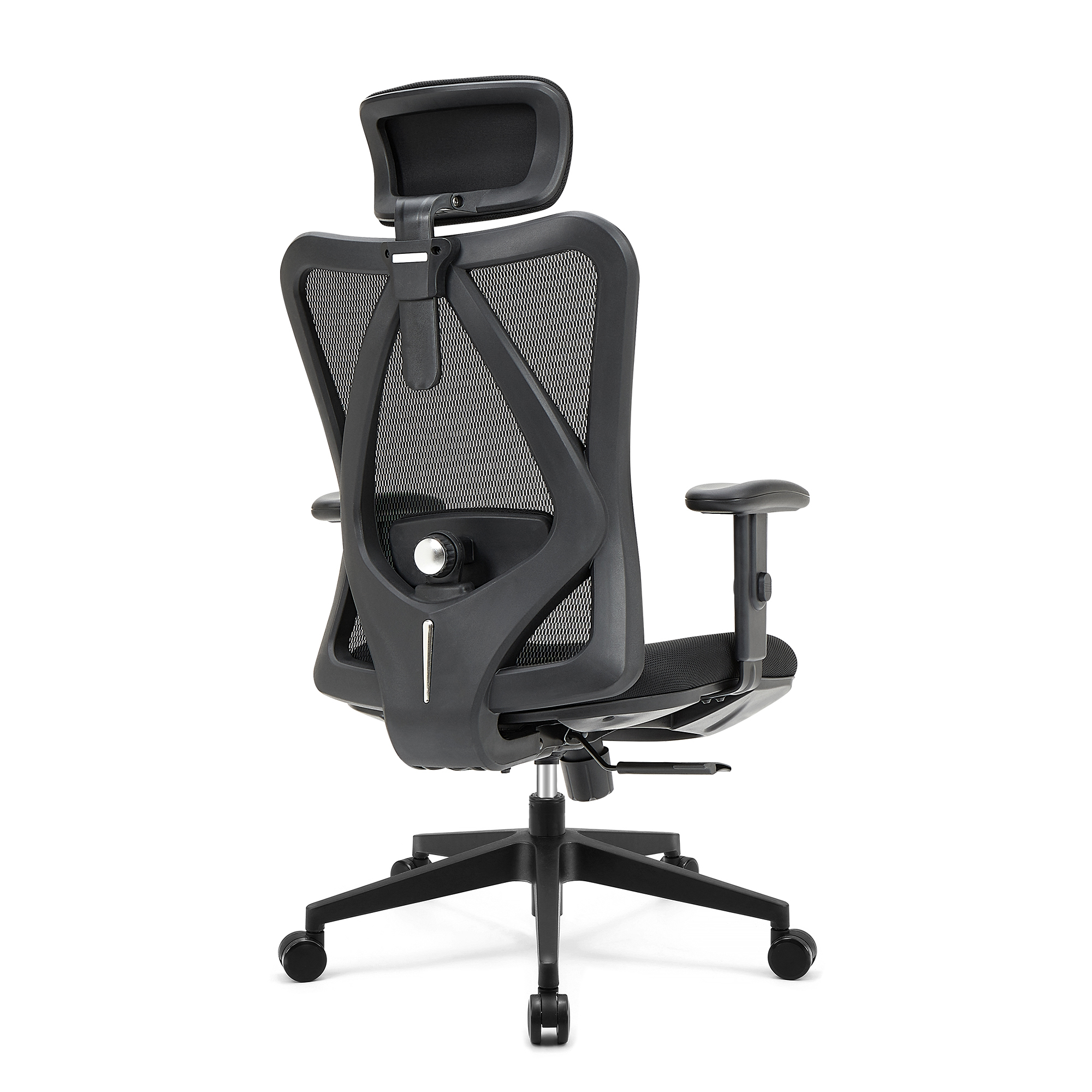 Black mesh office chair with headrest, viewed from the back. Adjustable armrests.
