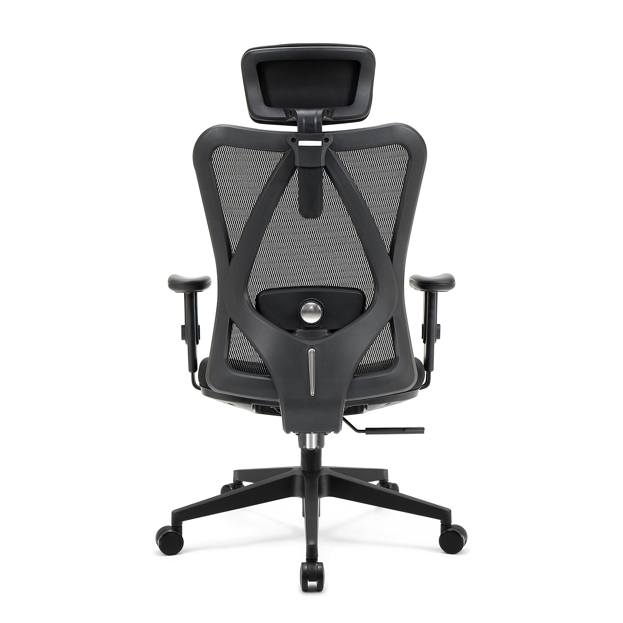 Black office chair with mesh back and headrest, viewed from the back.