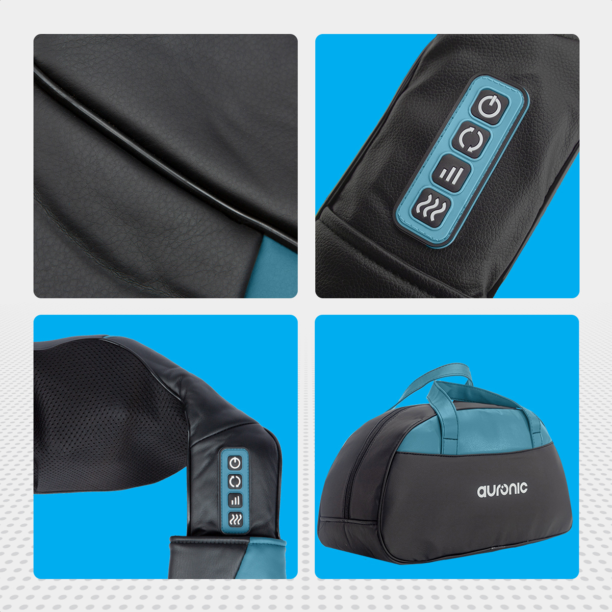A black neck massager with blue accents and control buttons.