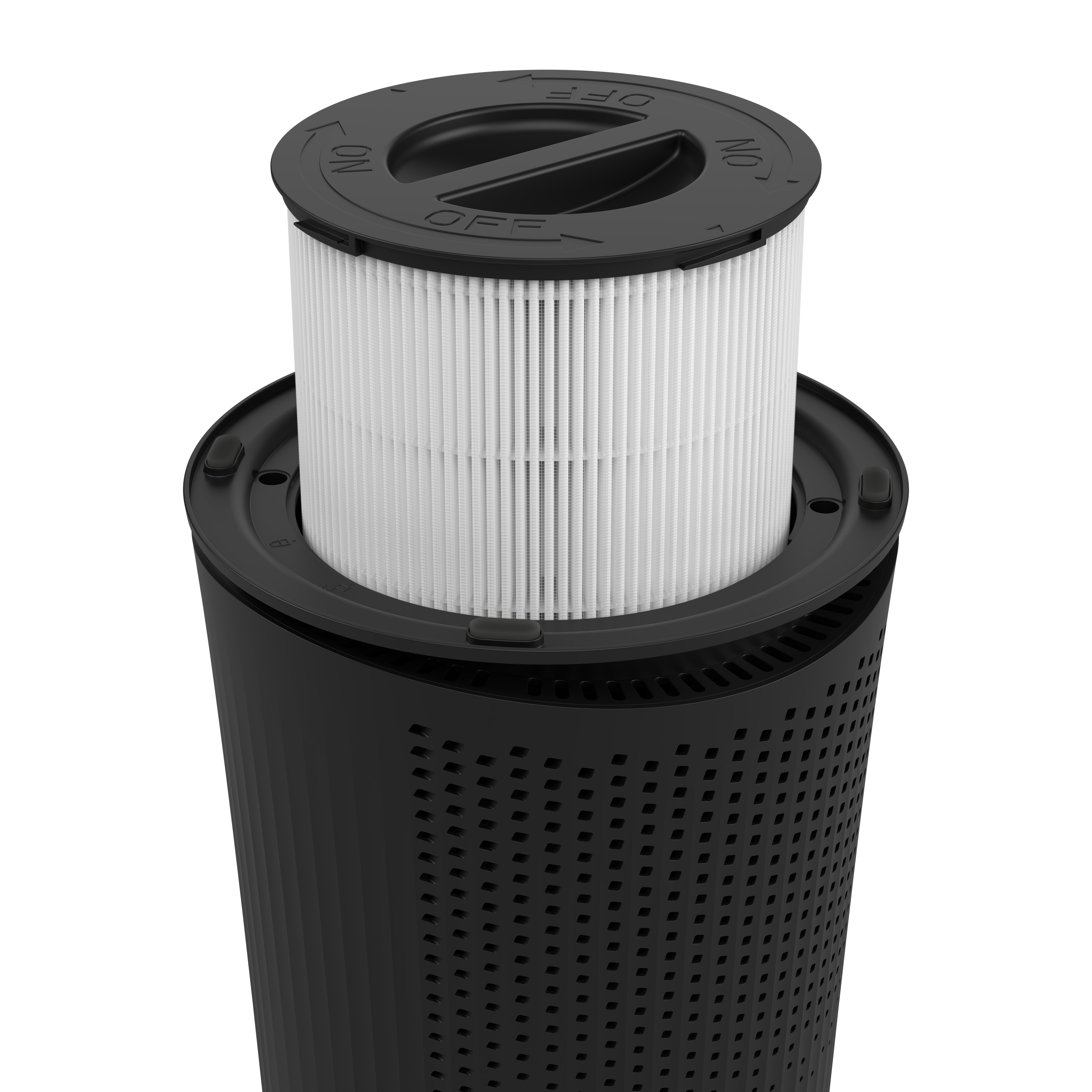 A black air filter with a white filter element and a black cap with text.