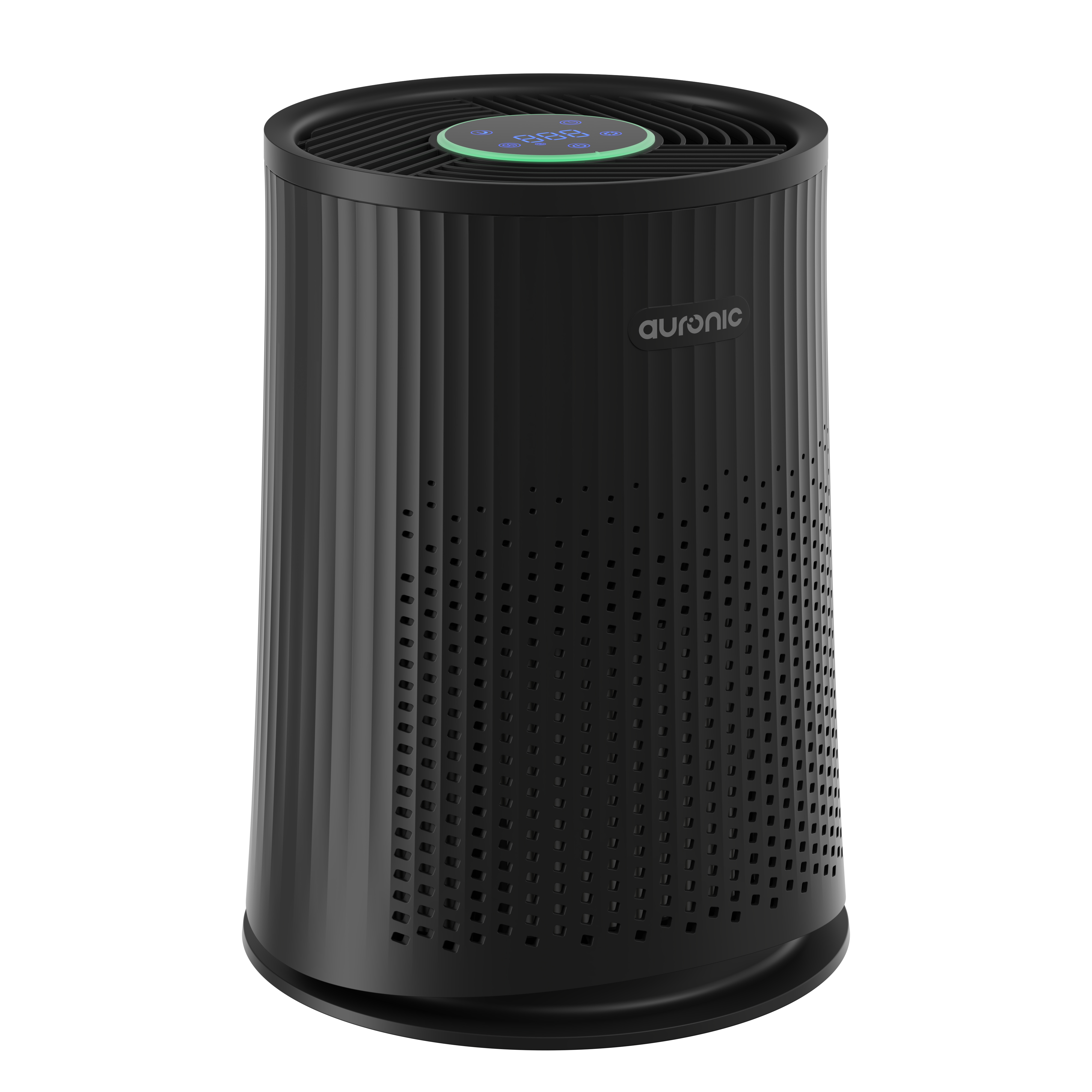 Black air purifier with digital display and ventilation slots.