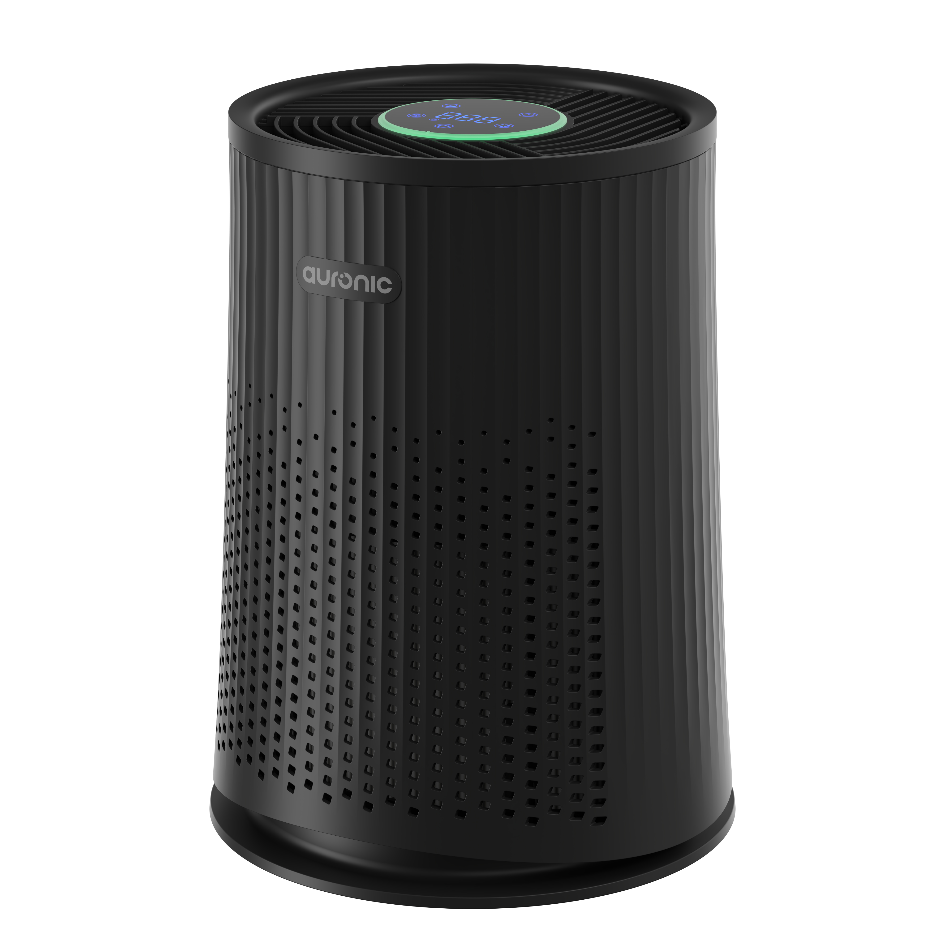 A black air purifier with a ribbed surface and a digital display.