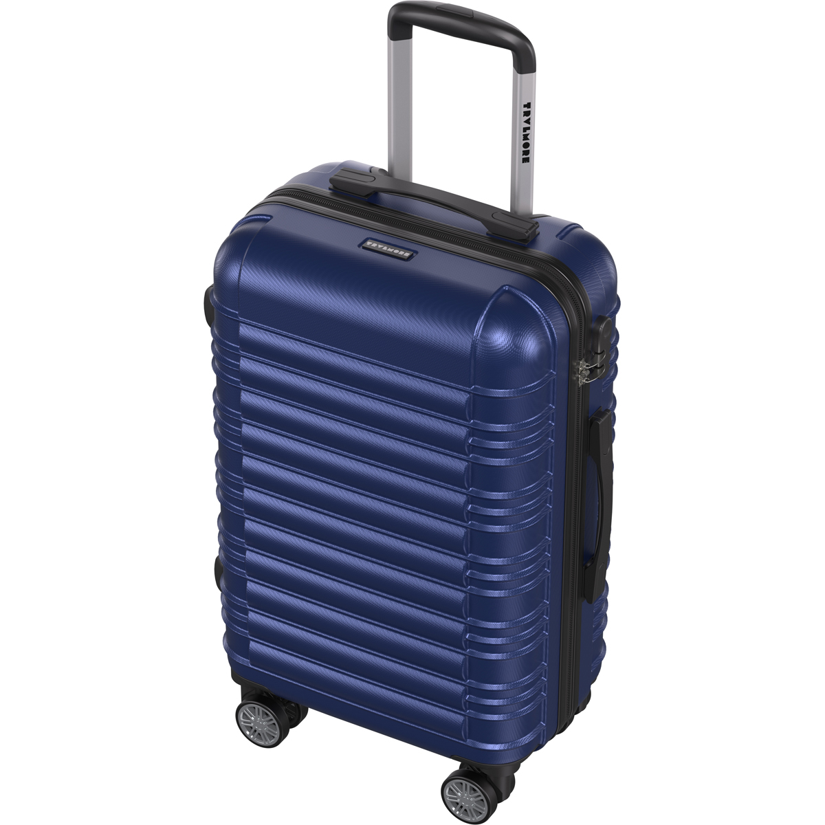Dark blue ridged suitcase with retractable handle and wheels.