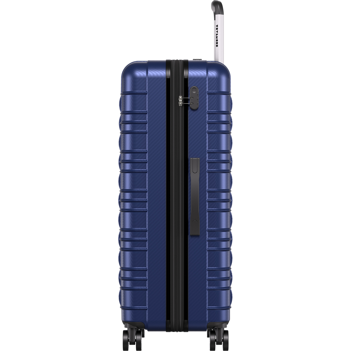 A blue suitcase with a zipper, lock, and extendable handle, on wheels.