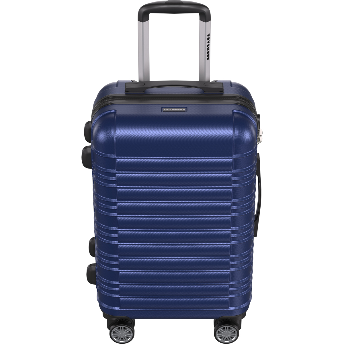 A blue rolling suitcase with an extendable handle and four wheels.