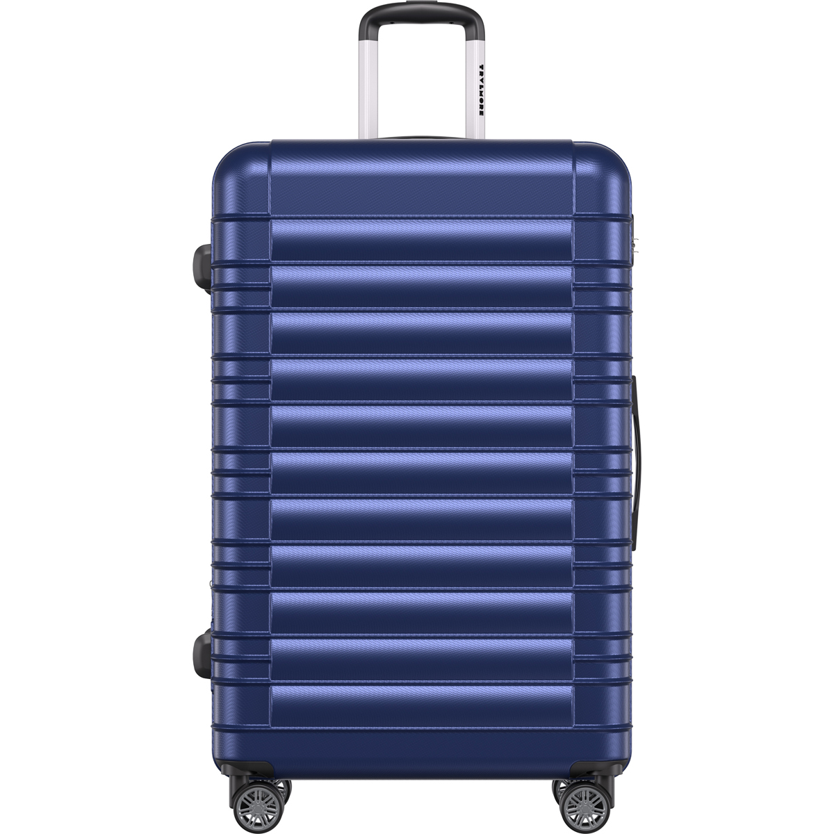 Dark blue suitcase with horizontal grooves and a silver handle.