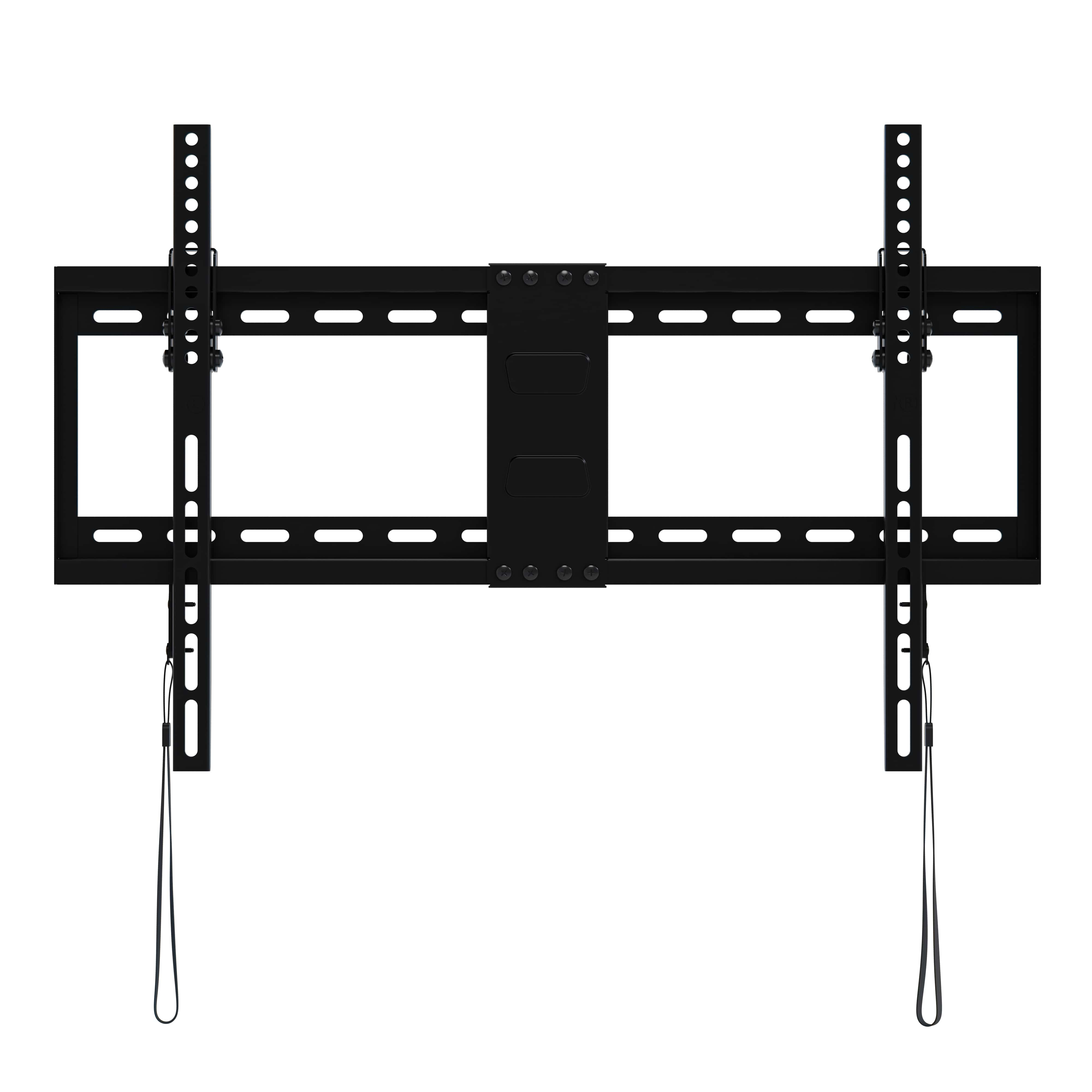 Black flat-screen TV wall mount with adjustable arms and cables.