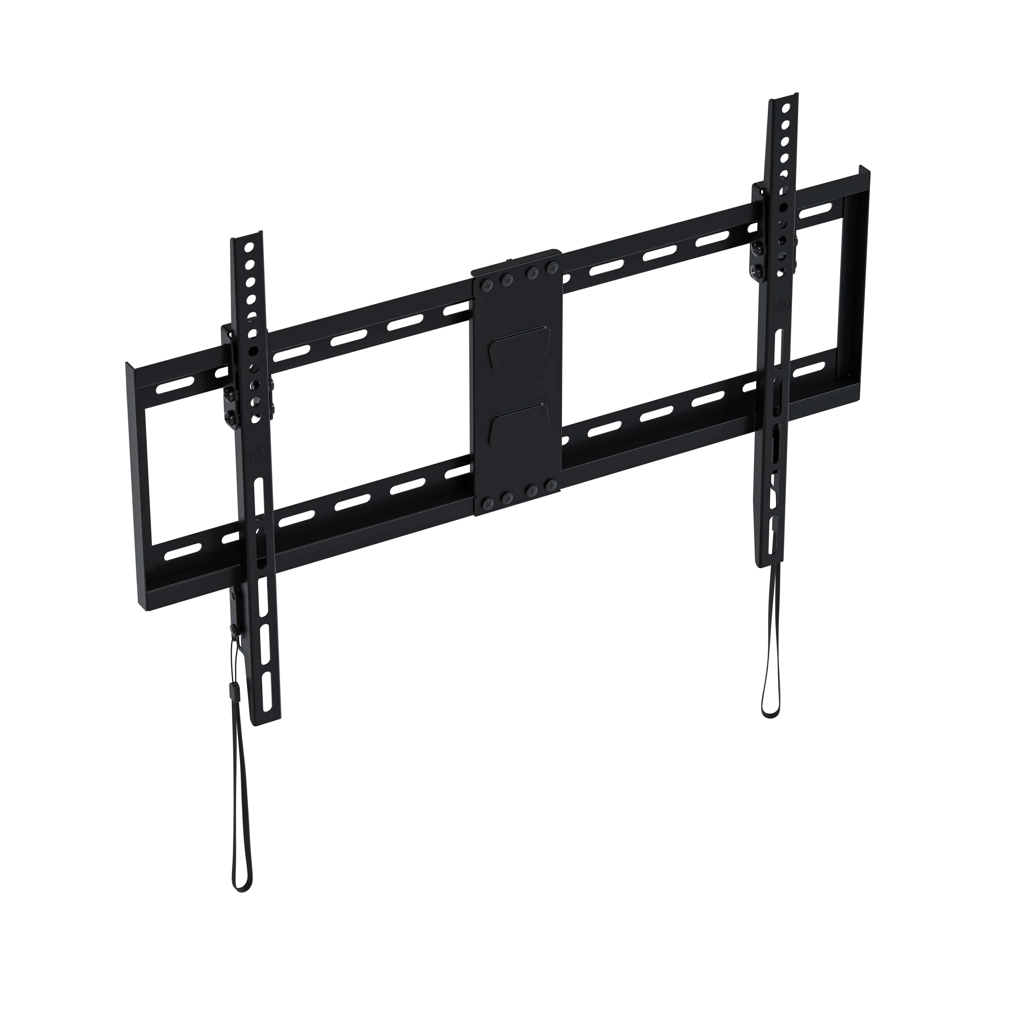 A black, adjustable TV wall mount with slots and hooks.
