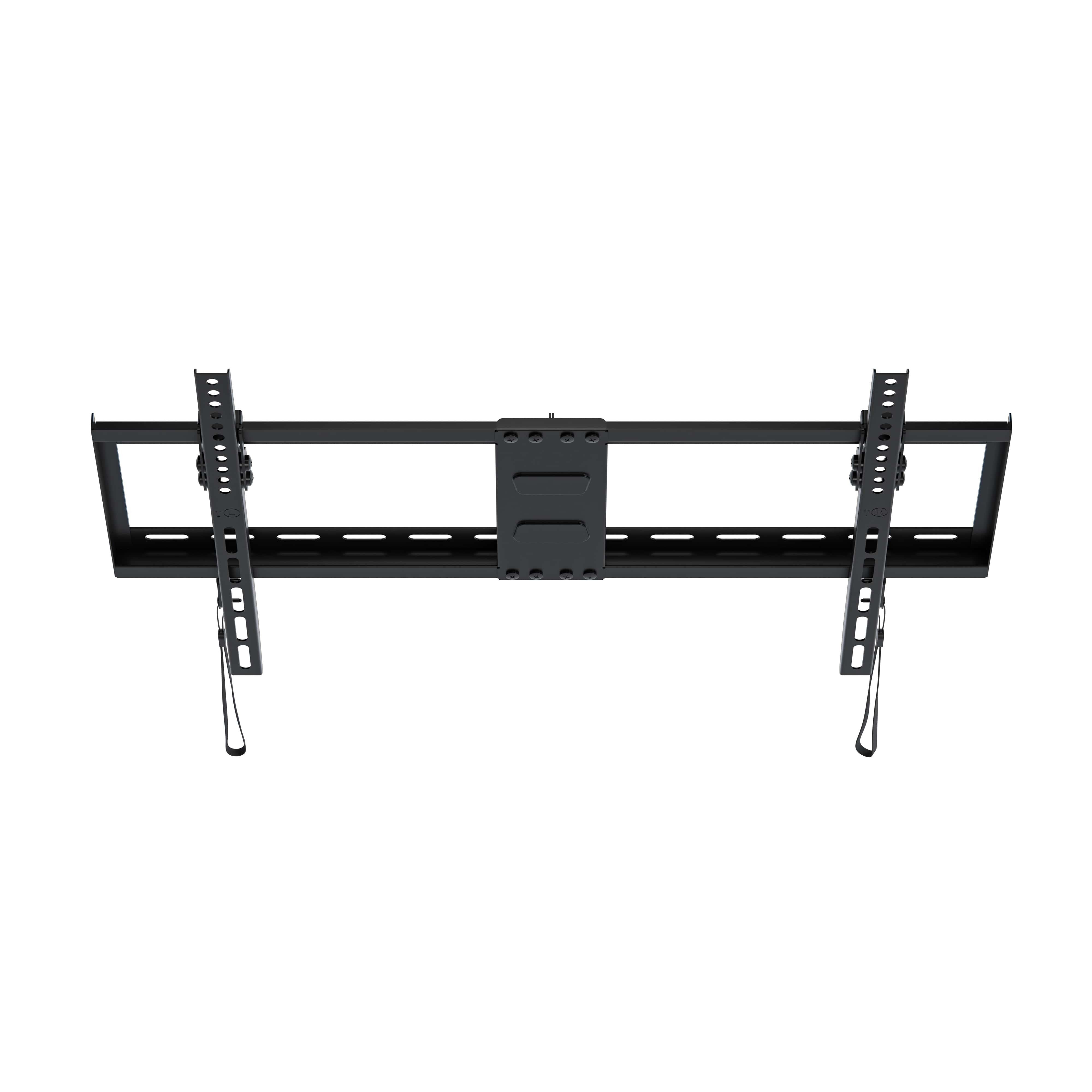 Black TV wall mount with adjustable arms and straps.