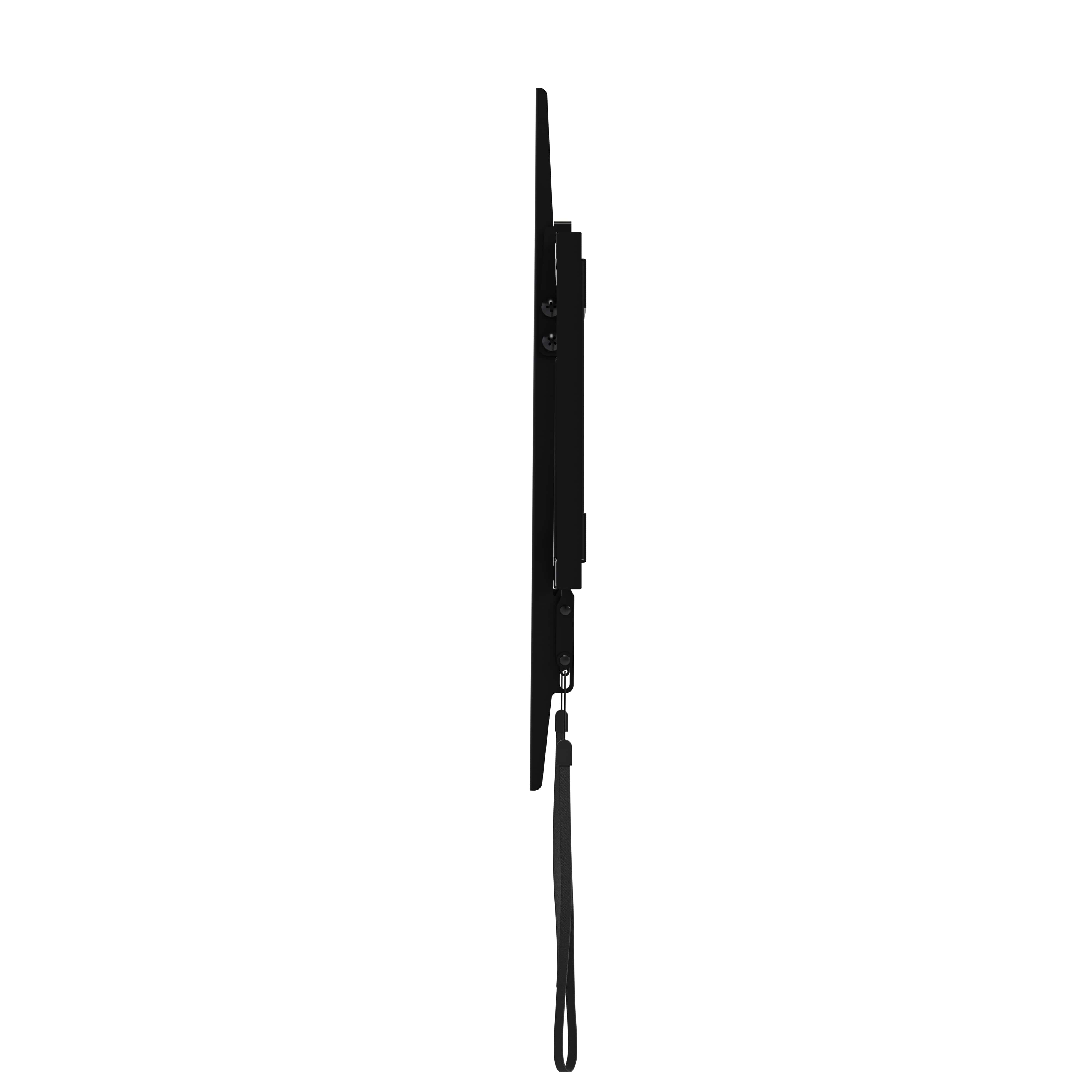 Black, thin monitor seen from the side, with a strap