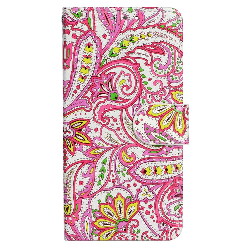Ein weißes Etui mit einem detaillierten pinken und gelben Paisleymuster.